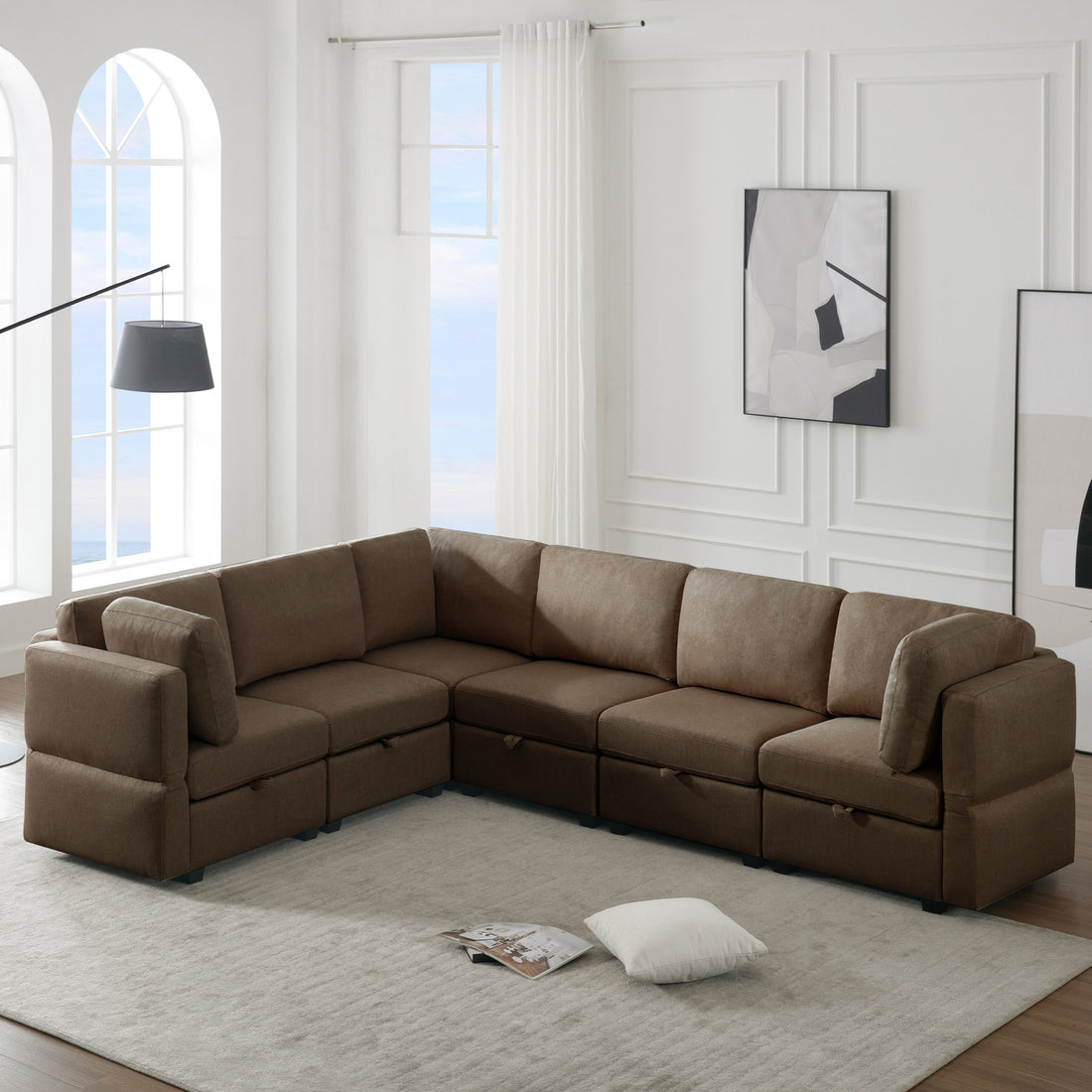 L Shaped Modular Sectional Corner Sofa Couch, 6 Seat Modular Sectional Sofa With Chaise For Living Room, Adjustable Arms And Backs Brown Brown Polyester 6 Seat