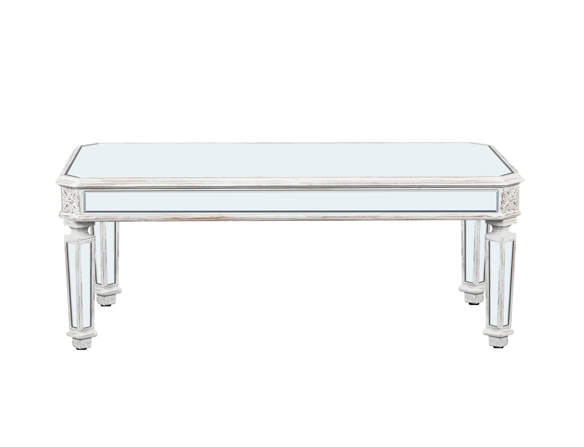 Silver Mirrored Coffee Table, Vintage Carved Elements, Rectangle Glass Tea Table With Mirrored Finish, Modern Center Table For Living Room And Office 24" D X 48" W X 18" H Oak Silver White Mirrored