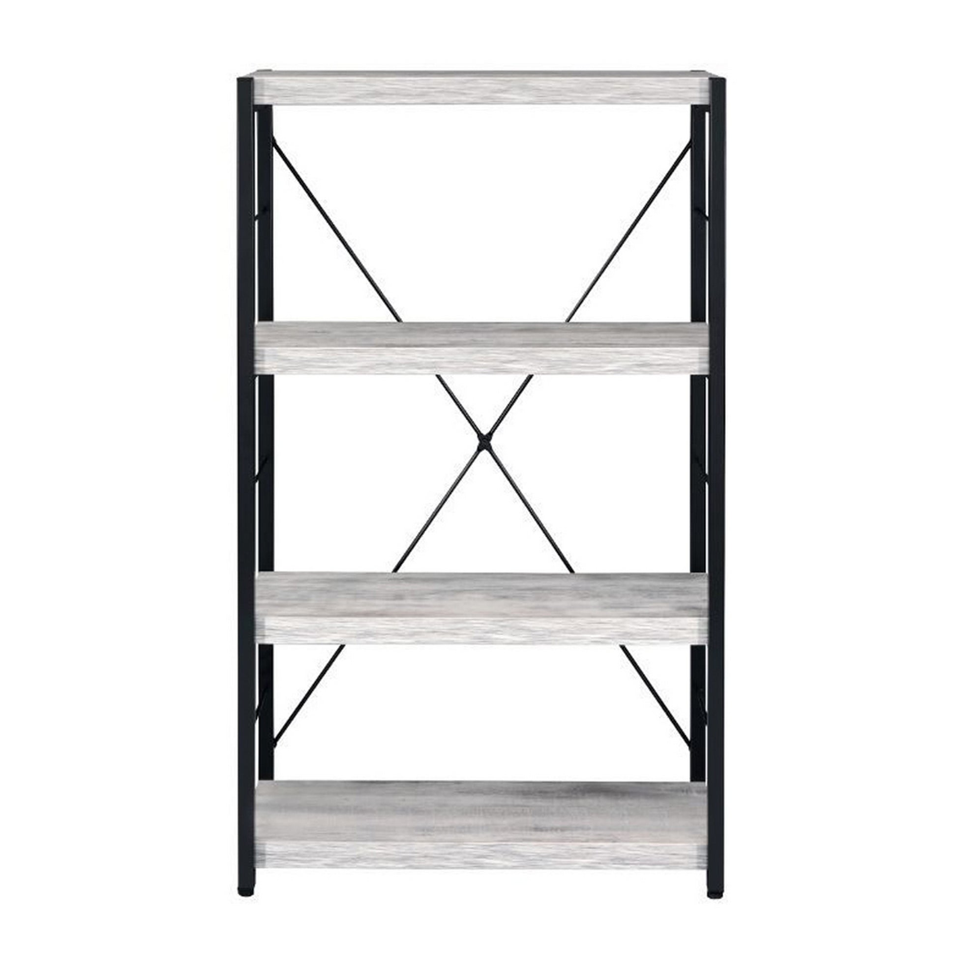 Industrial Bookshelf With 4 Shelves And Open Metal Frame, White And Black White Black Solid Wood