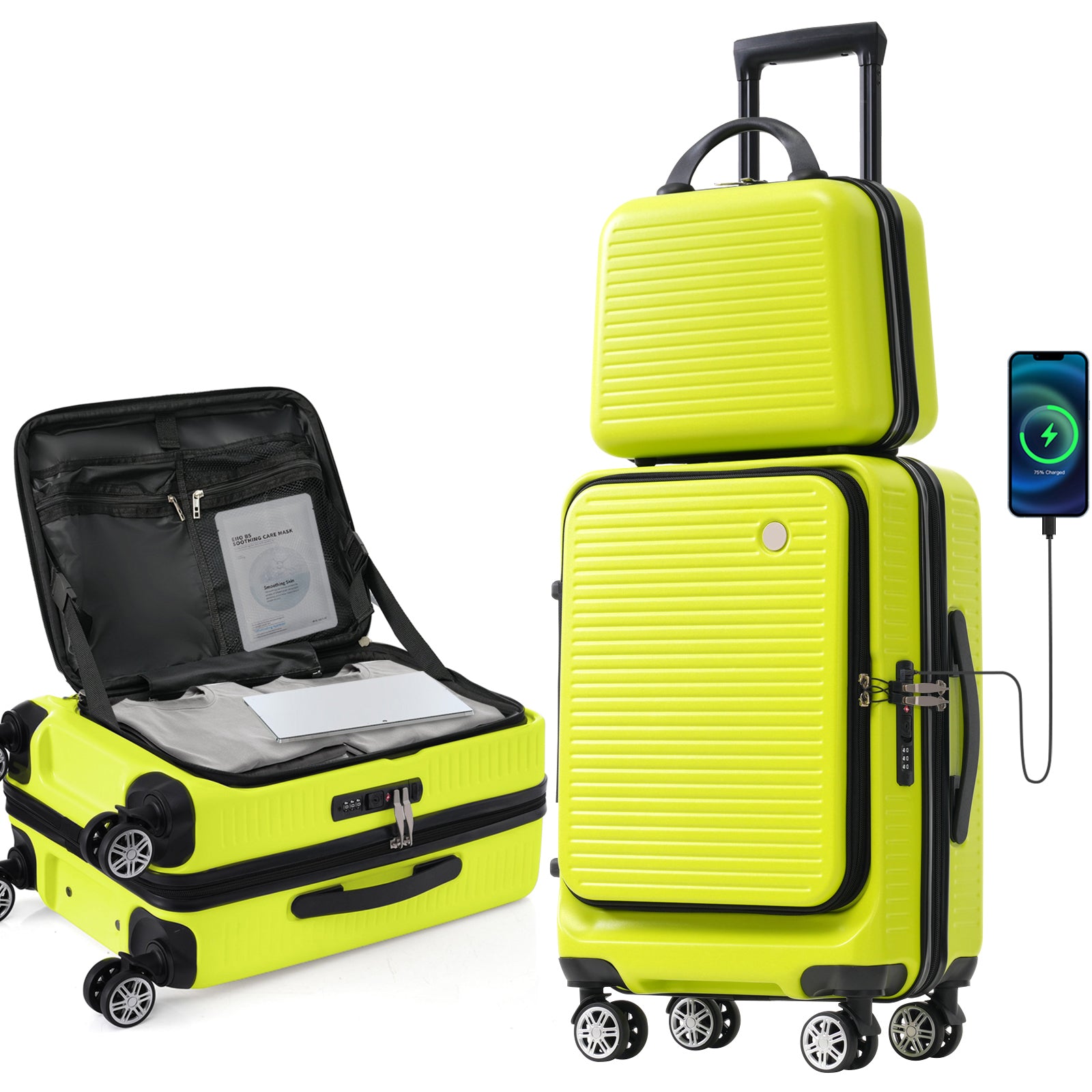 Carry On Luggage 20 Inch Front Open Luggage Lightweight Suitcase With Front Pocket And Usb Port, 1 Portable Carrying Case Green Abs