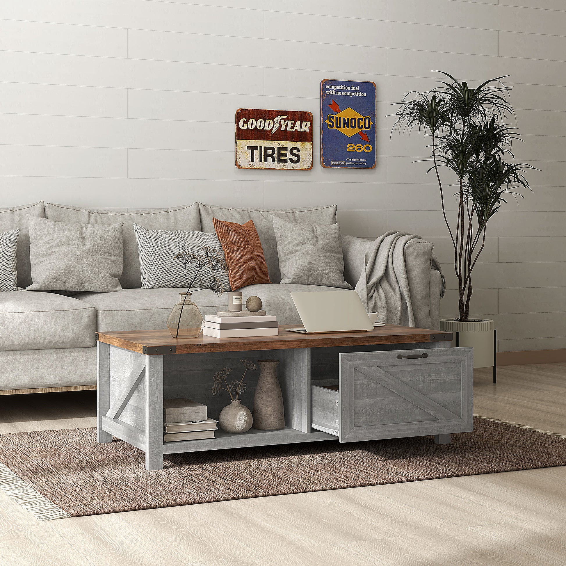 Homcom Farmhouse Coffee Table With Storage And Drawer, Rustic Coffee Table For Living Room, Open Shelf, Distressed Gray Gray Particle Board