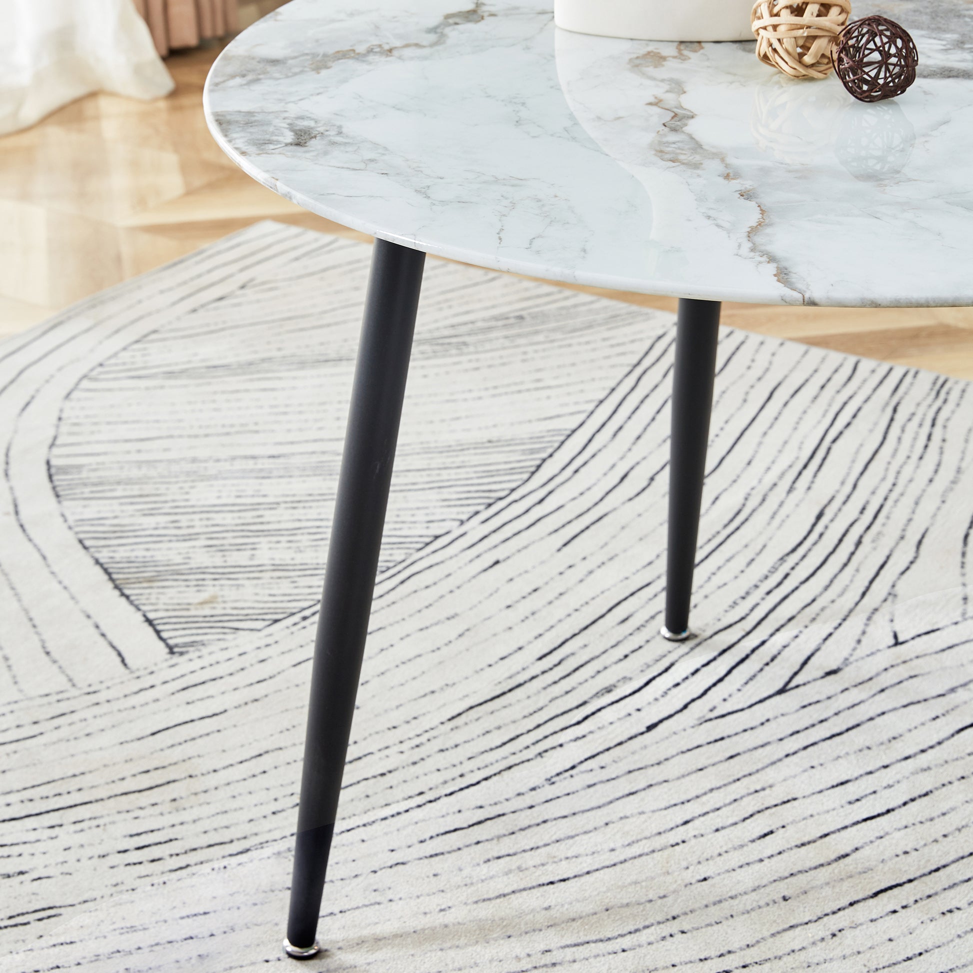 Table And Chair Set. Large Modern White Imitation Marble Patterned Round Table With Black Metal Legs. Nice Minimalism, Comfortable Seats And Black Metal Legs. White Gray Seats 4 Glass Metal