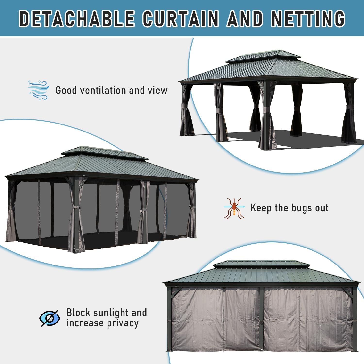 14X22Ft Hardtop Gazebo, Outdoor Gazebo With Galvanized Steel Double Roof, Aluminum Frame, Built In Gutter System, Curtain And Netting, Metal Gazebo Pavilion For Patio Deck Garden, Grey Grey Aluminum