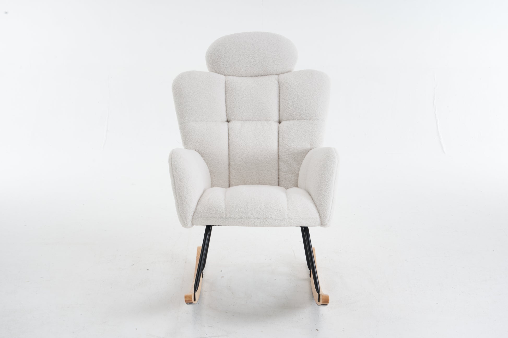 055 Teddy Fabric Upholstered Nursery Rocking Glider Chair Mid Century Modern Accent Arm Chair Padded Seat With High Backrest And Pillows For Living Room Bedroom Offices Ivory Teddy Headrest Solid