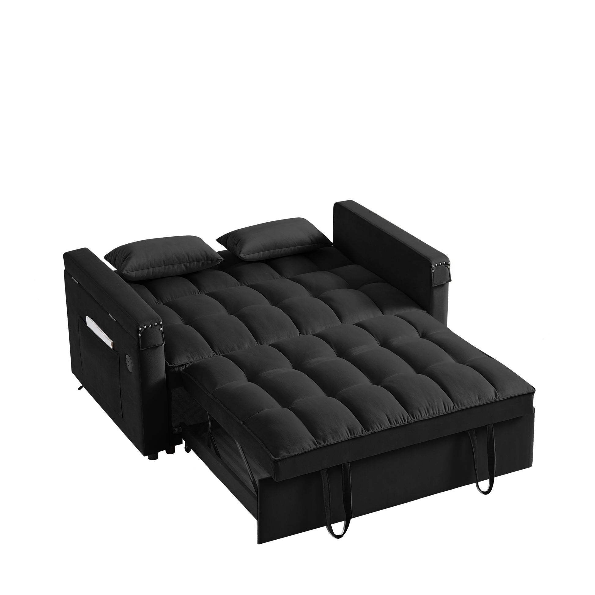 Convertible Sofa Bed, 3 In 1 Multi Functional Velvet Sleeper Couch Pull Out Bed, 48'' Loveseat Chaise Lounge With Adjustable Backrest And Pillows, Hidden Side Table For Living Room, Small Space, Black Black Velvet 2 Seat