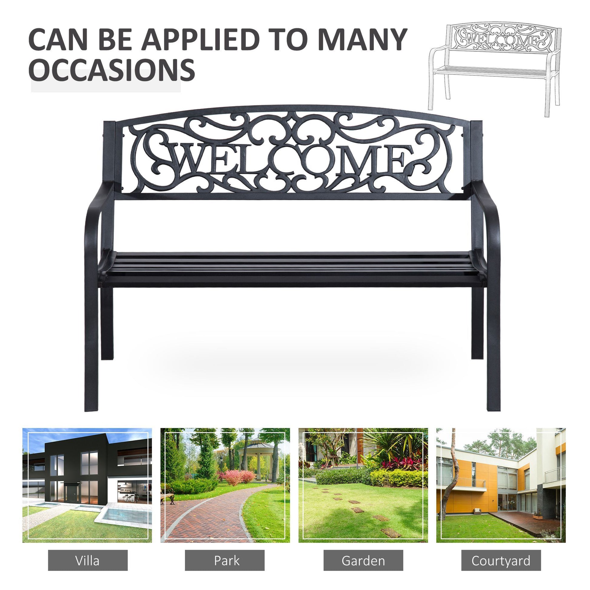 Outsunny 50" Outdoor Metal Welcome Bench, Garden Bench With Slatted Seat, Patio Bench For Park, Porch, Yard, Entryway, Black Black Iron