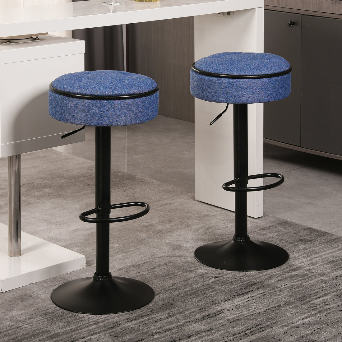 Round Storage Bar Stool Set Of 2, Blue Linen Height Adjustable Barstool, 360 Counter Height Swivel Stool, Armless Bar Chair With Metal Frame For Kitchen Counter Dining Living Room Blue Set Of 2 Foam Linen