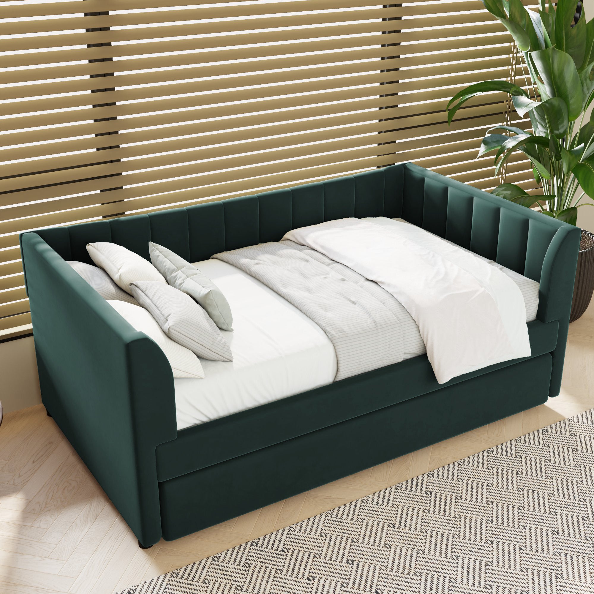 Twin Size Upholstered Velvet Daybed With Trundle, Green Box Spring Not