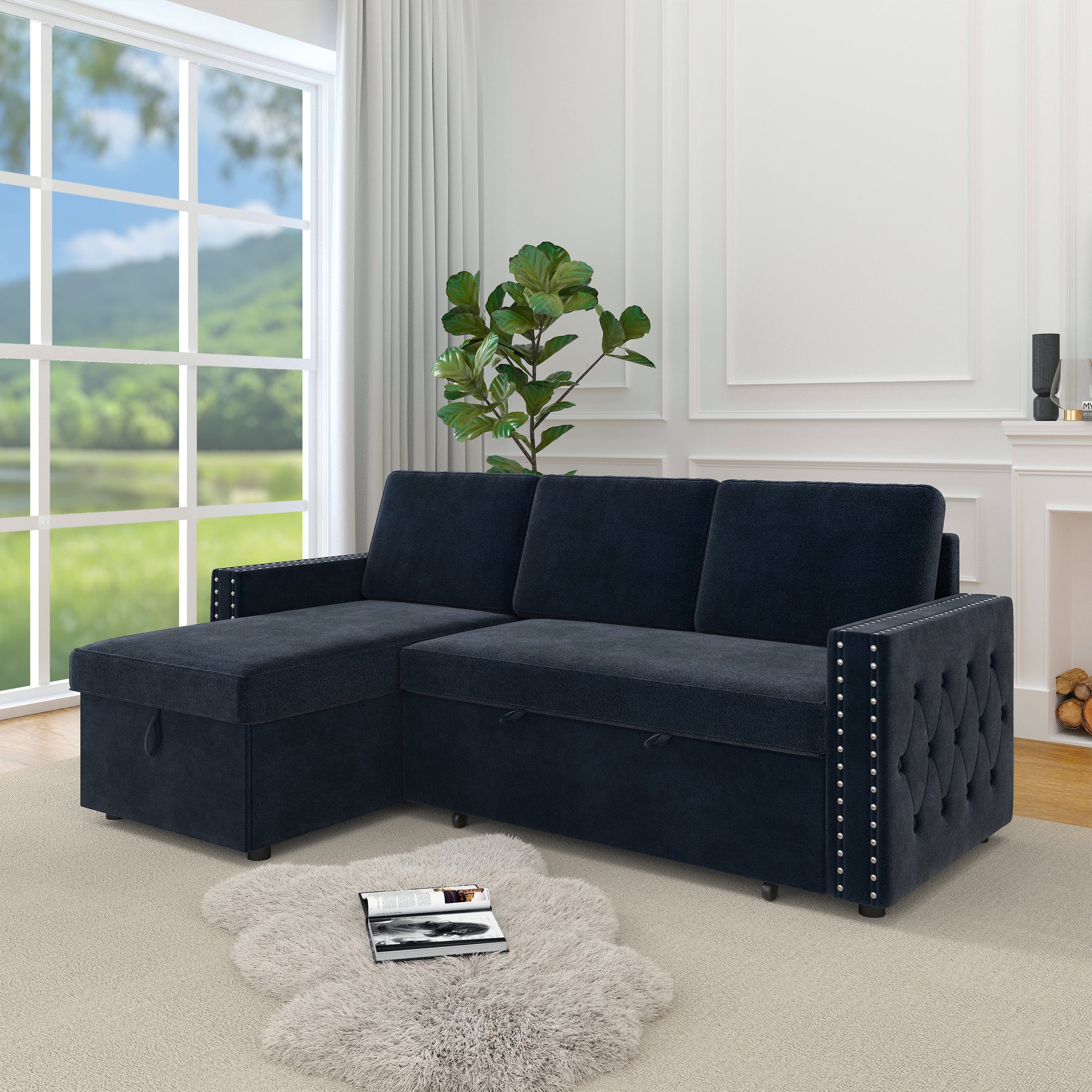 85 Inches Sofa Bed, 3 Seater Sleeper Sofa With Storage Chaise, Square Handrail With Pull And Copper Nail,Chenille, Pull Out Couch For Living Room Blue Chenille 3 Seat