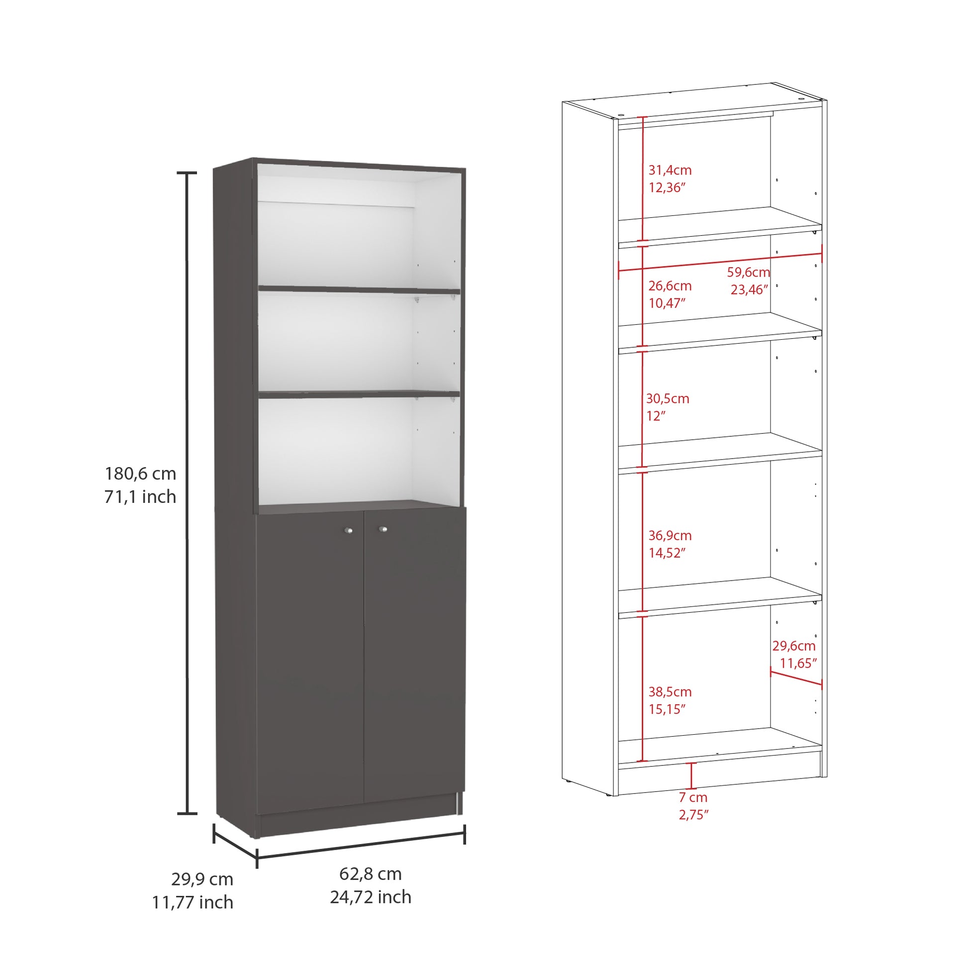 Layton 2 Piece Home Bookcase Set, 49" Wide With 8 Shelves And Double Door Cabinet, Living Room Set Matte Gray White Freestanding 5 Or More Shelves Matte Multicolor Office Adjustable Shelves Modern Particle Board