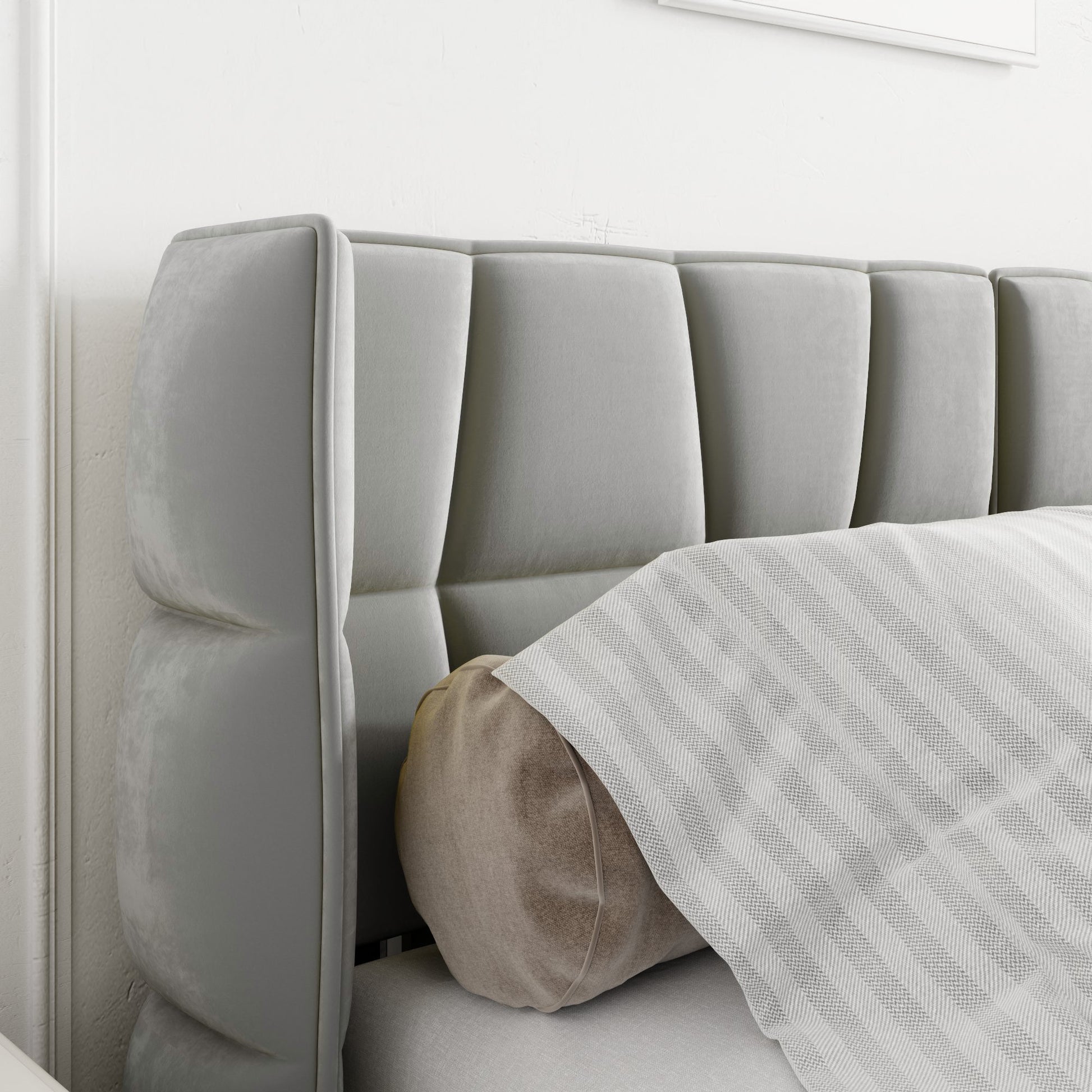 Queen Size Upholstered Velvet Platform Bed, Gray Box Spring Not Required Queen Gray Wood Bedroom Bed Frame Velvet Upholstered