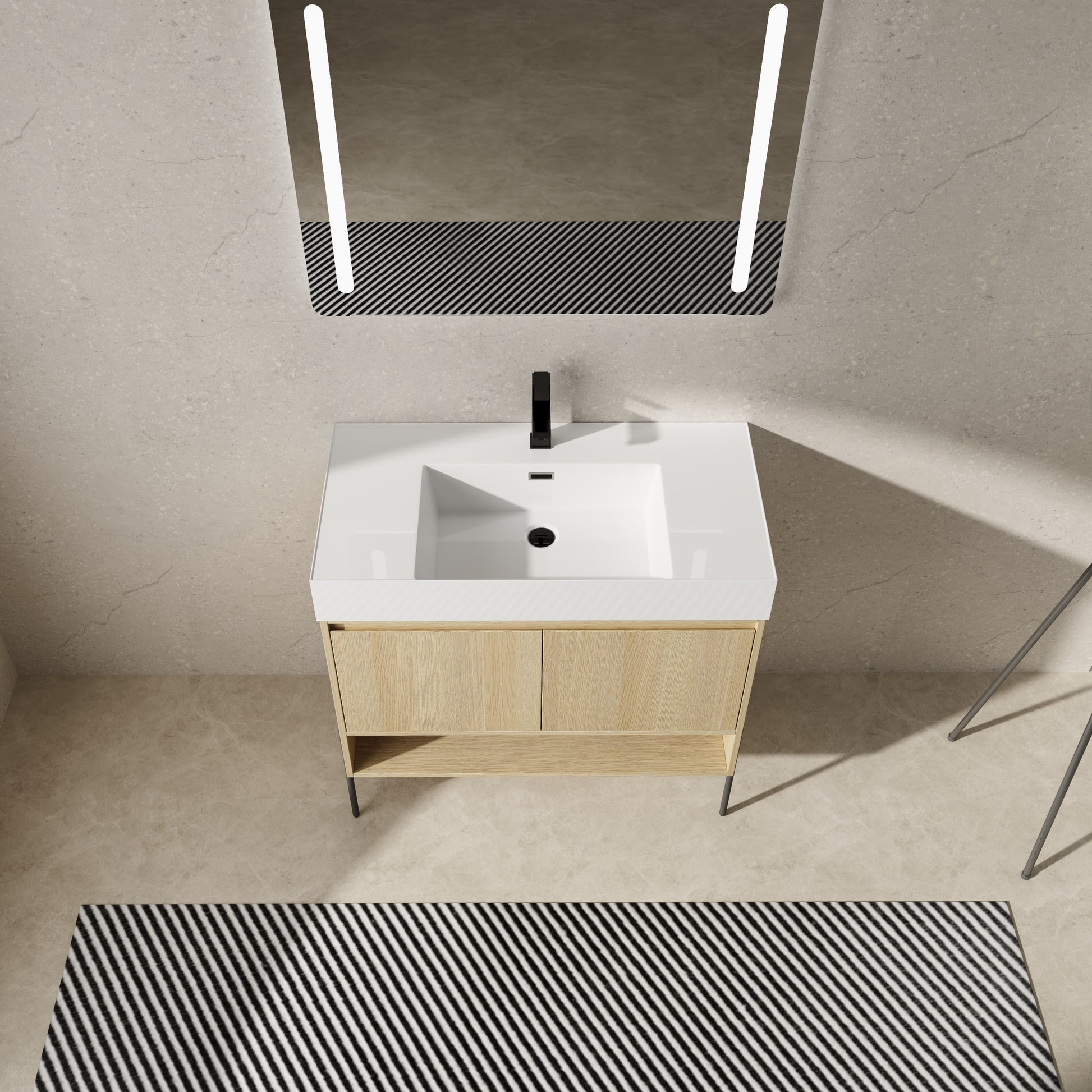 36" Bathroom Vanity Combo W Single Ceramic Sink, Modern Storage Cabinet Set 2 Door, Multilayer Solid Wood, Oak Oak Bathroom American Design Engineered Wood