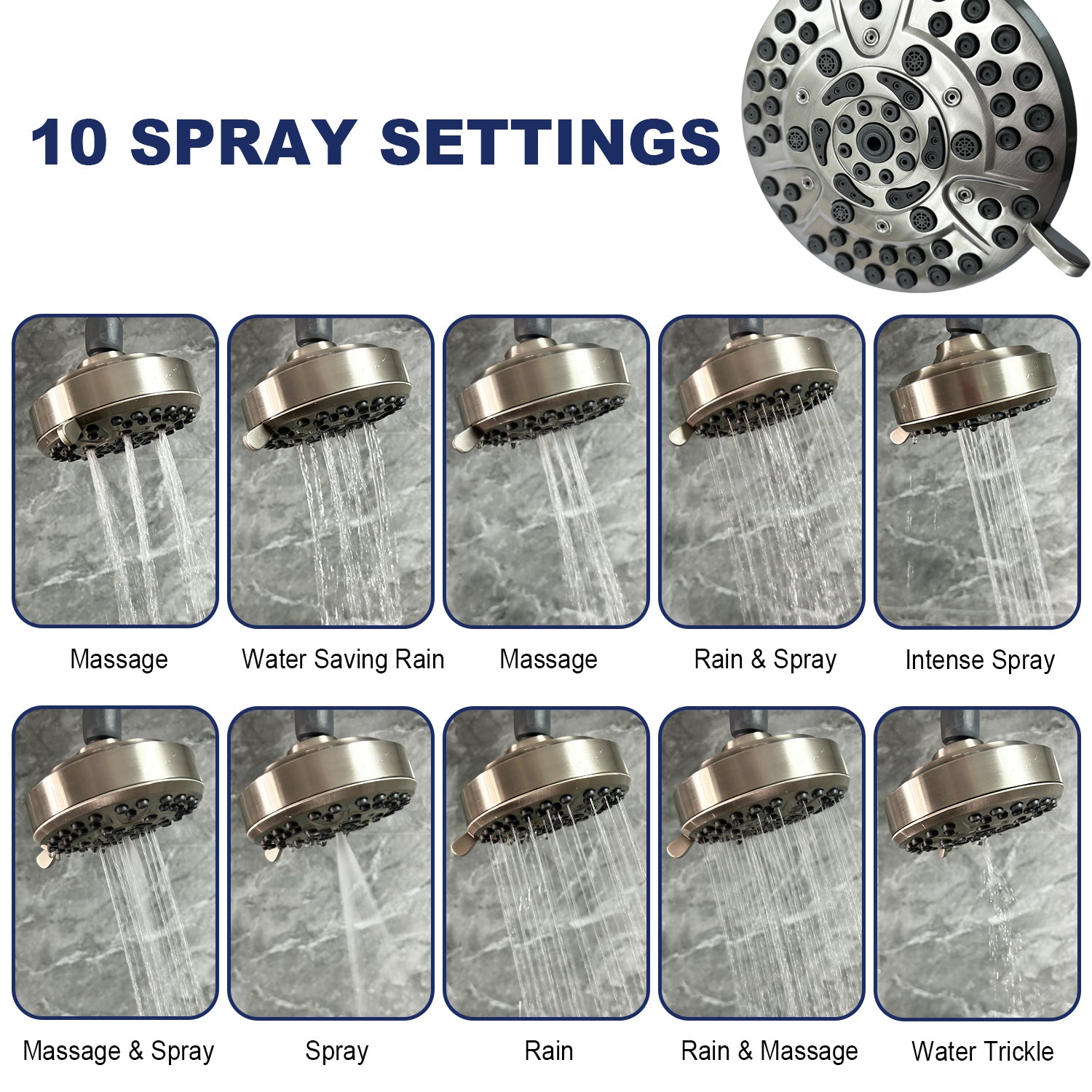 High Pressure Rain Shower Head With 10 Spray Modes brushed nickel-abs