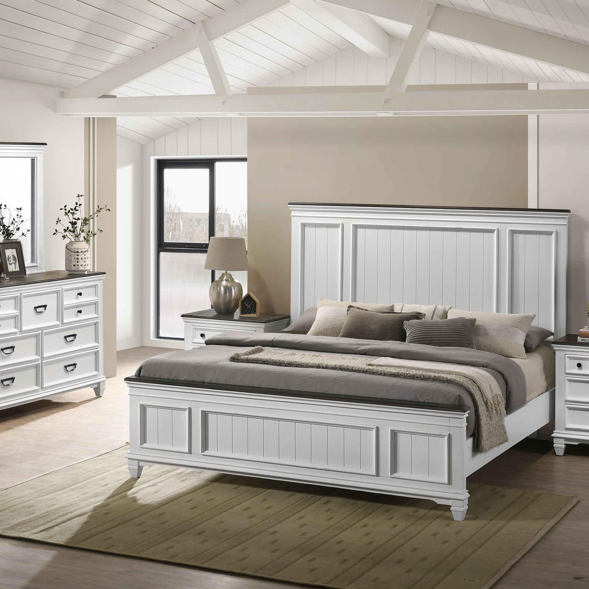 Clelane Wood Bedroom Set With Lap Panel King Bed, Dresser, Mirror, And Two Nightstands Box Spring Required King Antique White Gray Wood White 5 Piece Set Bedroom Bed Included,Dresser Included,Mirror Included,Nightstand Included Contemporary,Modern