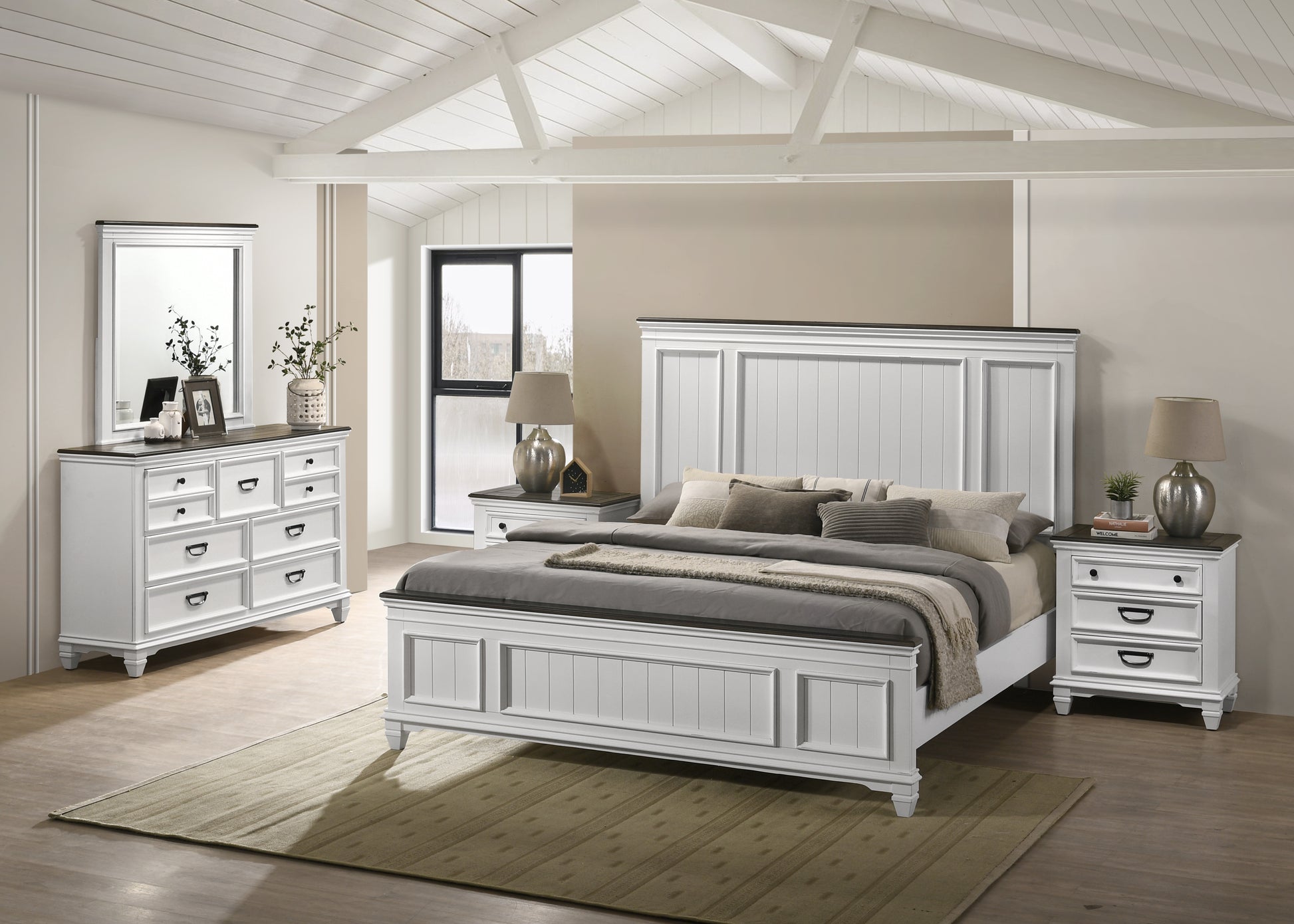 Clelane Wood Bedroom Set With Lap Panel King Bed, Dresser, Mirror, And Two Nightstands Box Spring Required King Antique White Gray Wood White 5 Piece Set Bedroom Bed Included,Dresser Included,Mirror Included,Nightstand Included Contemporary,Modern