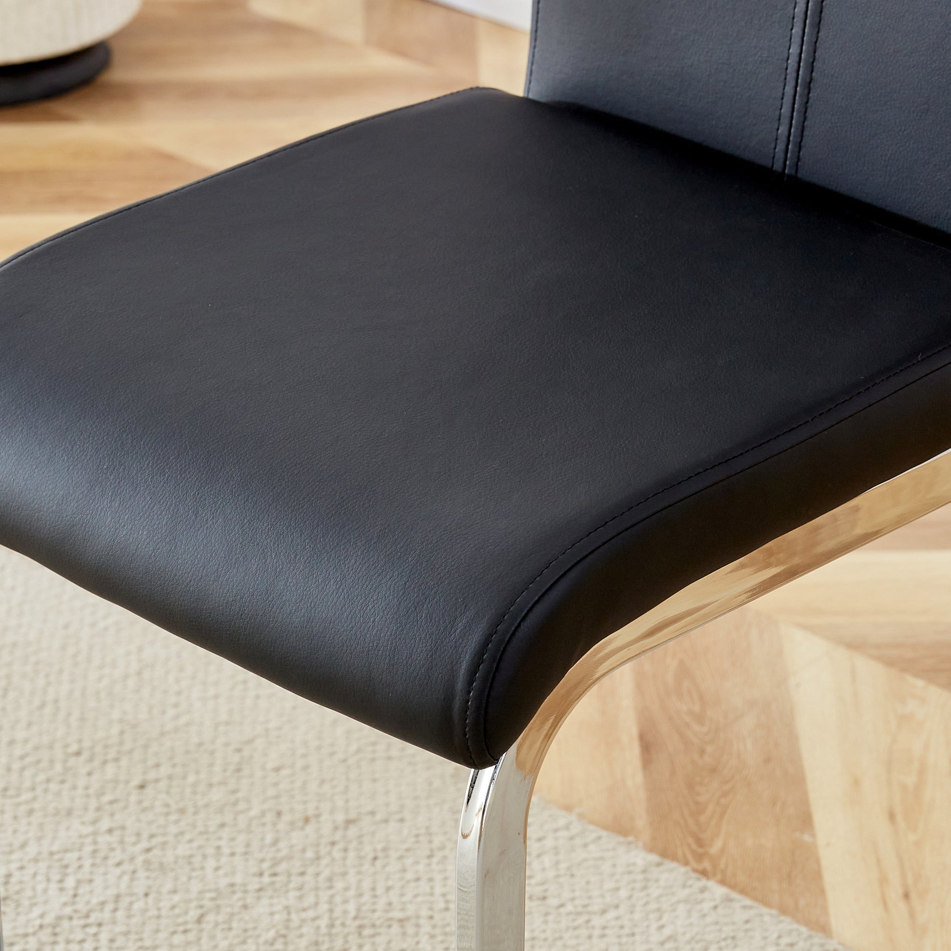 Table And Chair Set. A Rectangular Glass Dining Table With A 0.4 Inch Tempered Glass Tabletop And Mdf Board V Shaped Bracket, Paired With 2 Chairs Consisting Of Pu Seat Cushions And Silver Metal Legs. Black Seats 2 Tempered Glass