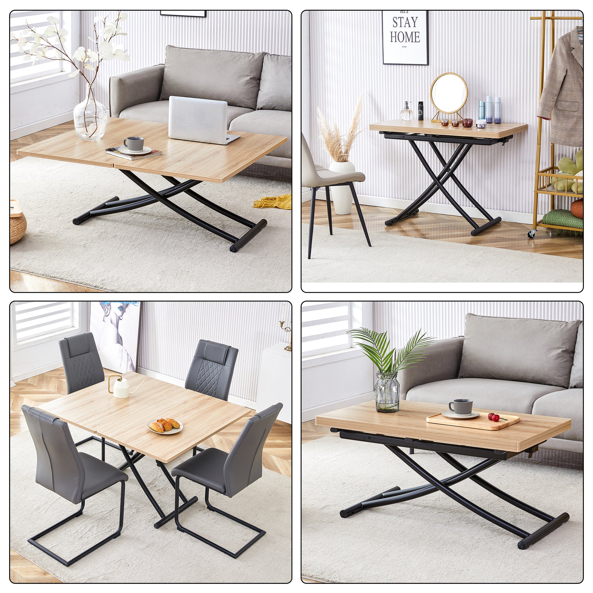 Modern Minimalist Multifunctional Lift Table With 0.8 Inch Mfc Tabletop And Black Metal Legs, Can Be Used As Dressing Table, Coffee Table, Dining Table, And Office Desk. Lt 10055 Black Iron