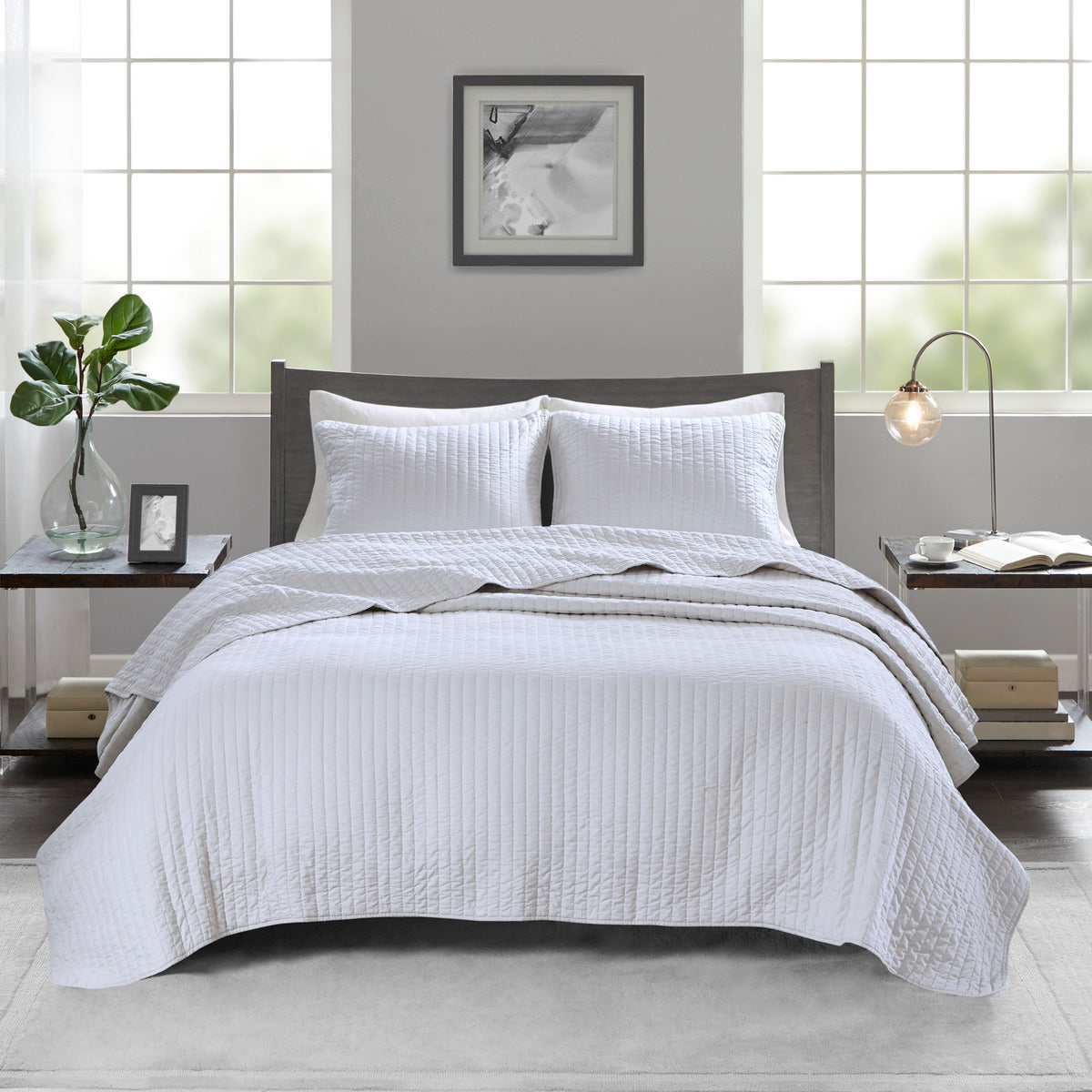 3 Piece Quilt Set White Full Queen Full White Cotton
