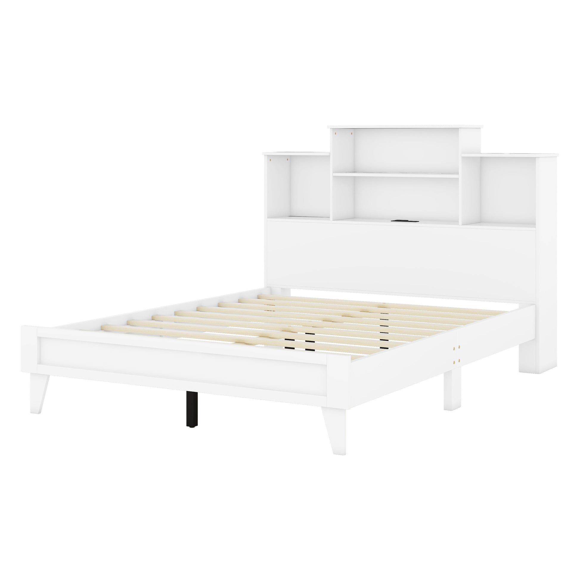 Queen Size Storage Platform Bed Frame With 4 Open Storage Shelves And Usb Charging Design,White Queen White Solid Wood Mdf