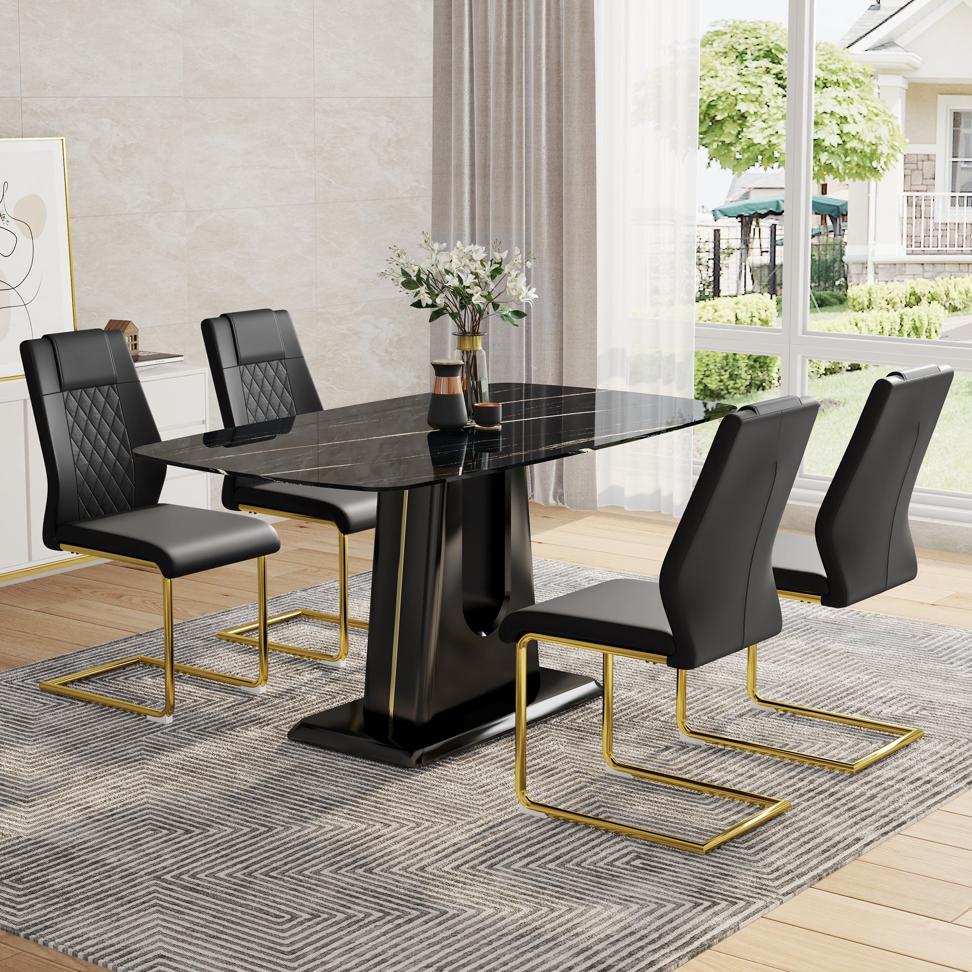 Table And Chair Set, Minimalist Dining Table, Imitation Marble Patterned Glass Tabletop, Mdf Legs With U Shaped Brackets. Paired With Comfortable Chairs, Suitable For Dining And Living Rooms. Black Gold Mdf Glass