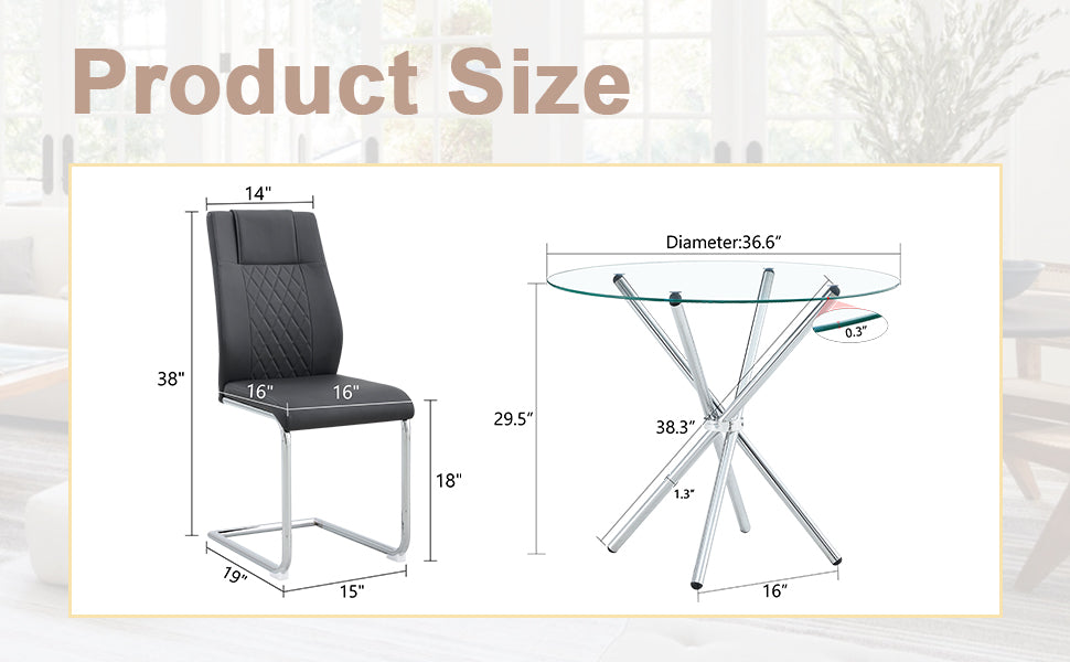Table And Chair Set.36.6"Round Clear Glass Dining Table With A Unique Shape With Ring Shaped Gathered Silver Metal Legs.Paired With 4 Black High Quality Pu Dining Chairs With Silver Metal Legs.