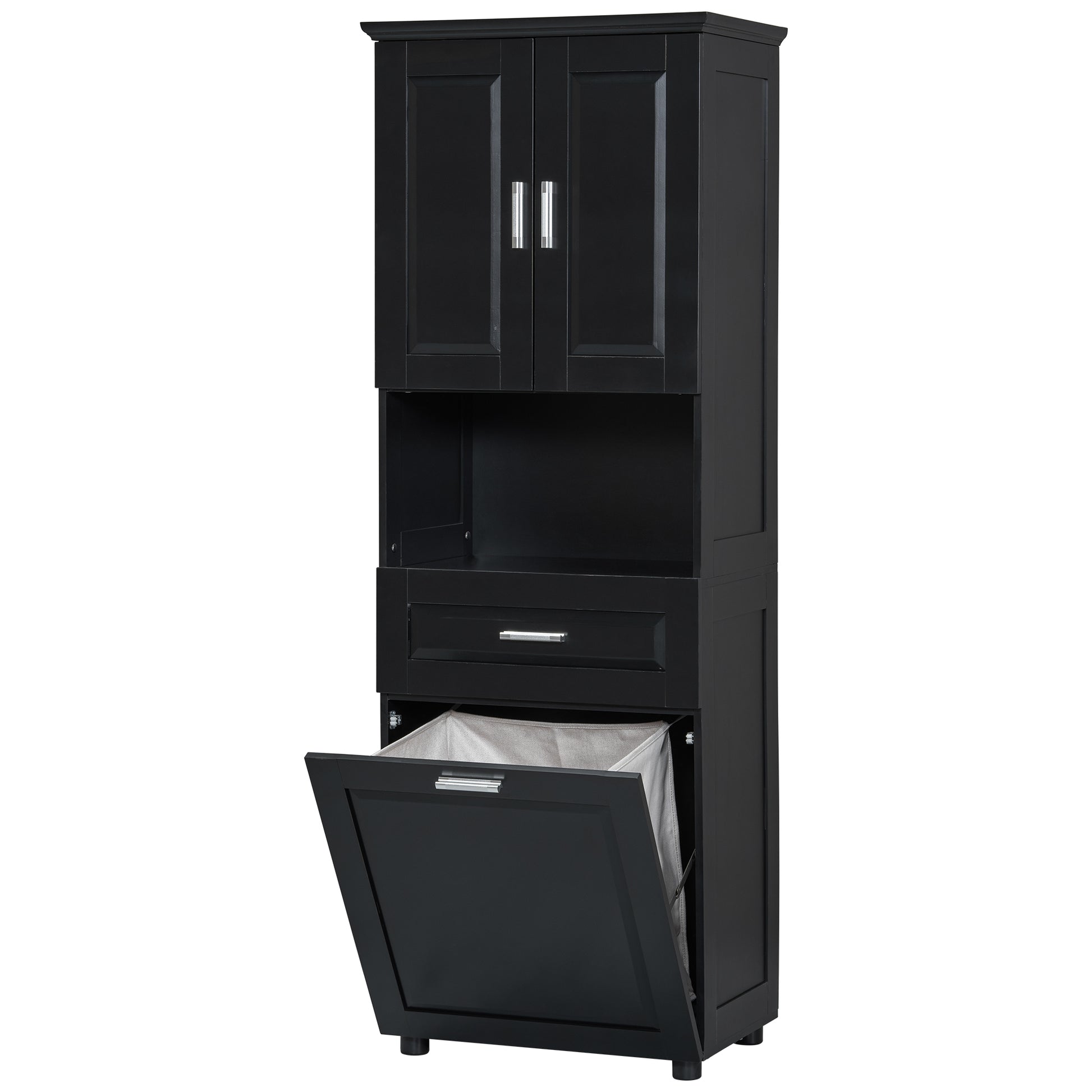 Tall Bathroom Cabinet With Laundry Basket, Large Storage Space Tilt Out Laundry Hamper And Upper Storage Cabinet, Black Black Mdf