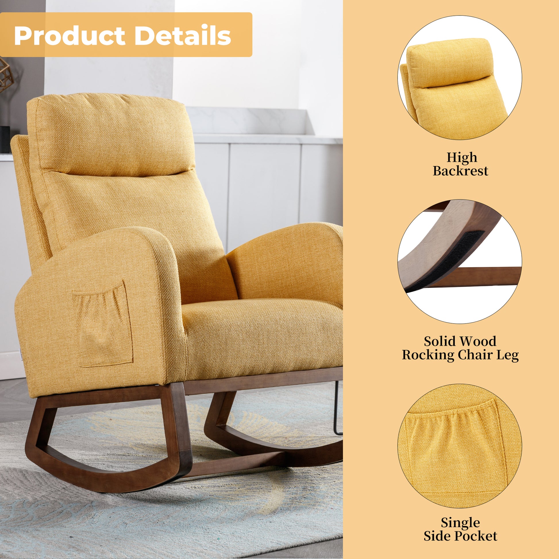 Coolmore Rocking Chair, Modern Glider Chair, Recliner Armchair With Wood Legs And Side Pocket, Nursery Rocking Accent Chair With High Back For Living Room Bedroom Yellow Linen Yellow Foam Linen