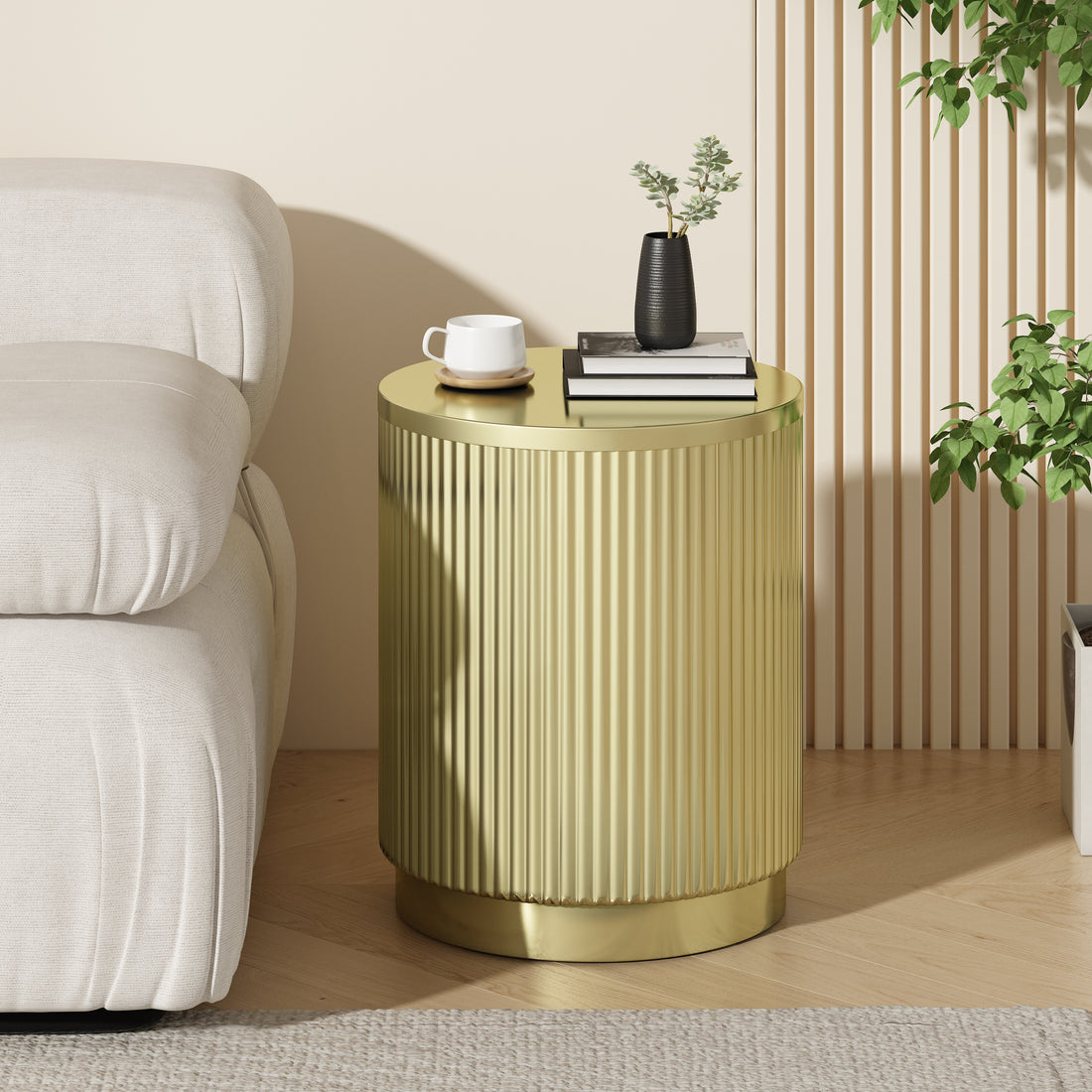 Golden Round Side Table With Vertical Stripes Gold Iron