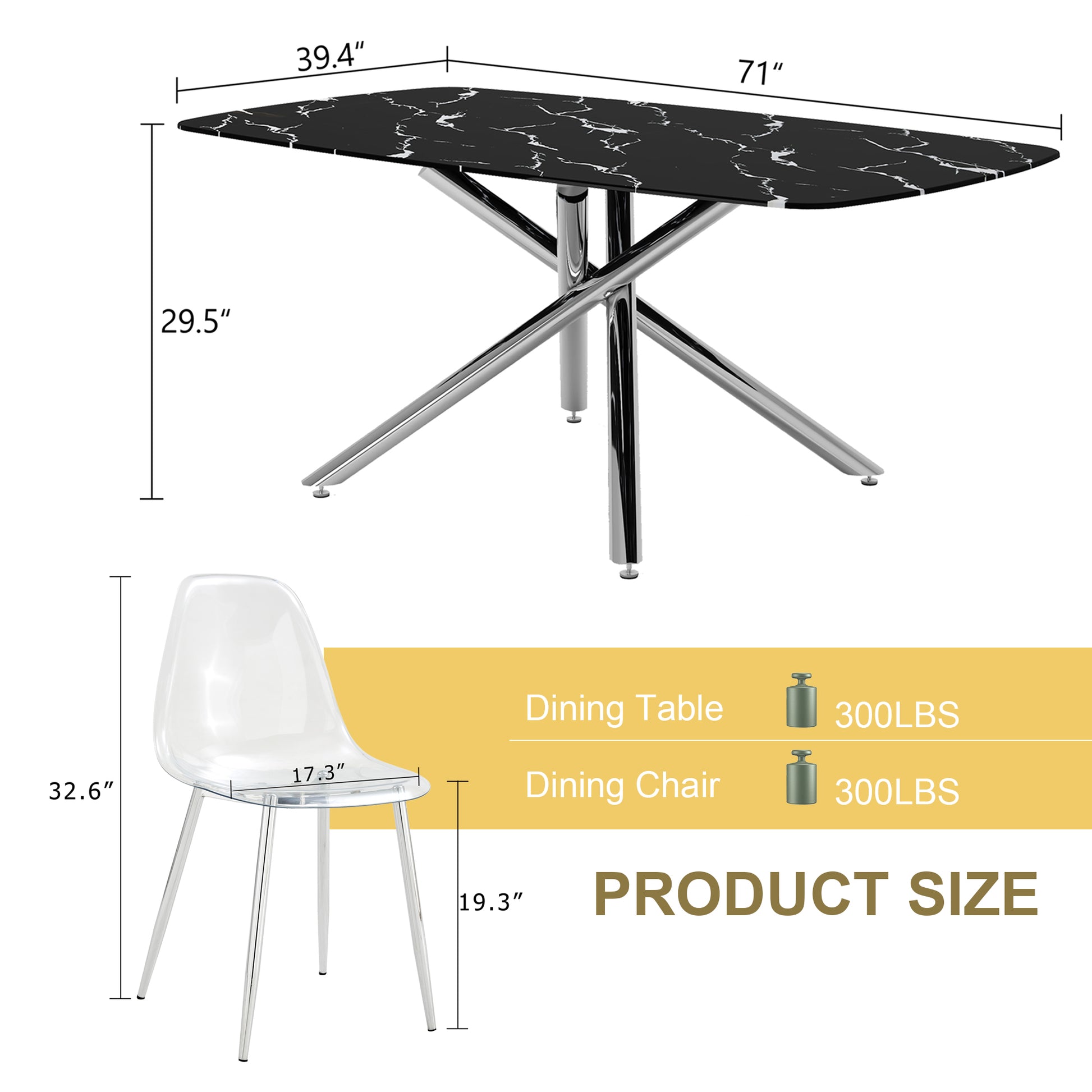 Table And Chair Set.Modern Luxurious Black Marble Patterned Tempered Glass Dining Table Set With Transparent Pp Chairs.8 Multiple Transparent High Quality Pp Dining Chairs With Silver Legs. Black