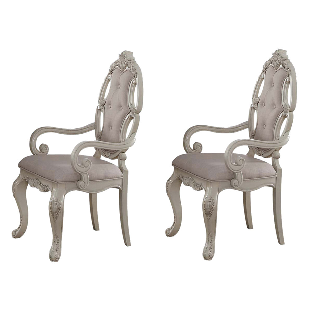 Beige And Antique White Arm Chair With Button Tufted Set Of 2 Beige Dining Room Traditional Ash Set Of 2 Wood Fabric