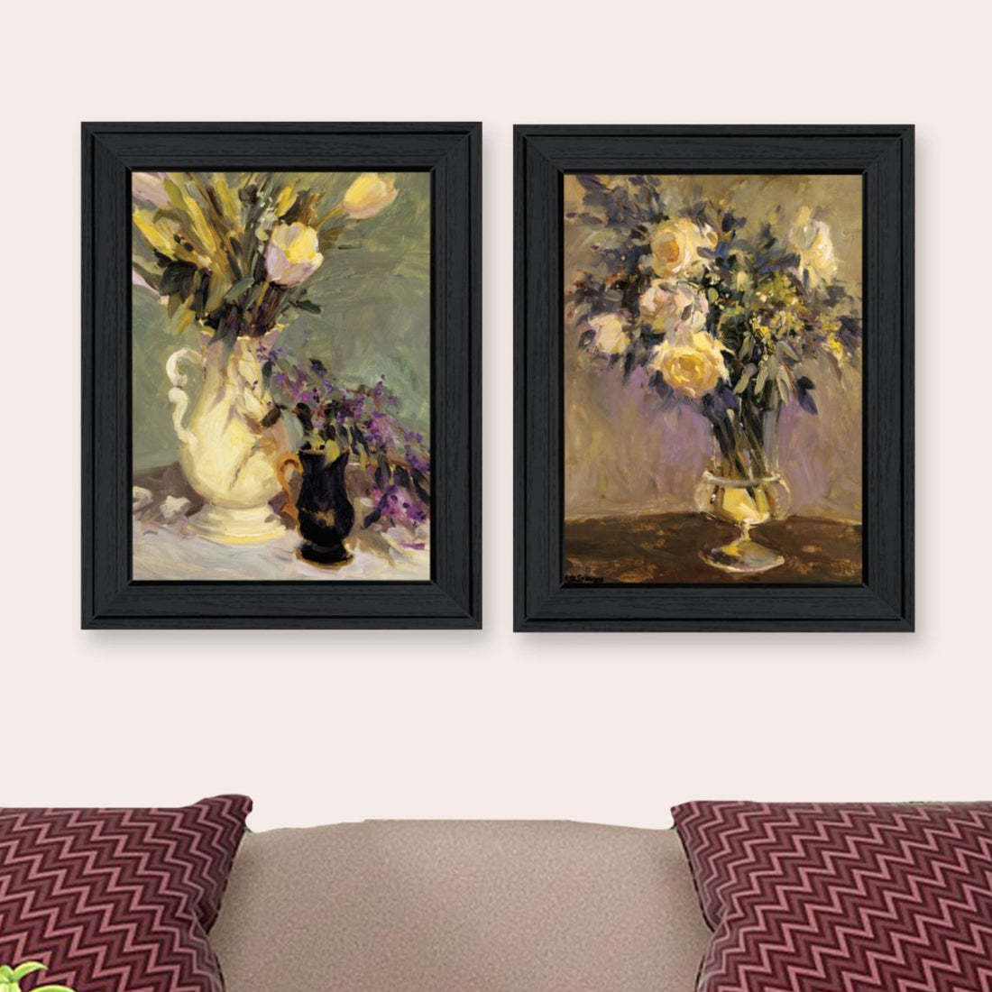 "Abstract Tulips & Lavender Flower Vases" Framed Wall Art For Living Room, Wall Art Print For Home Decor, Bedroom Wall Art By Jg Studio Multicolor Wood Paper