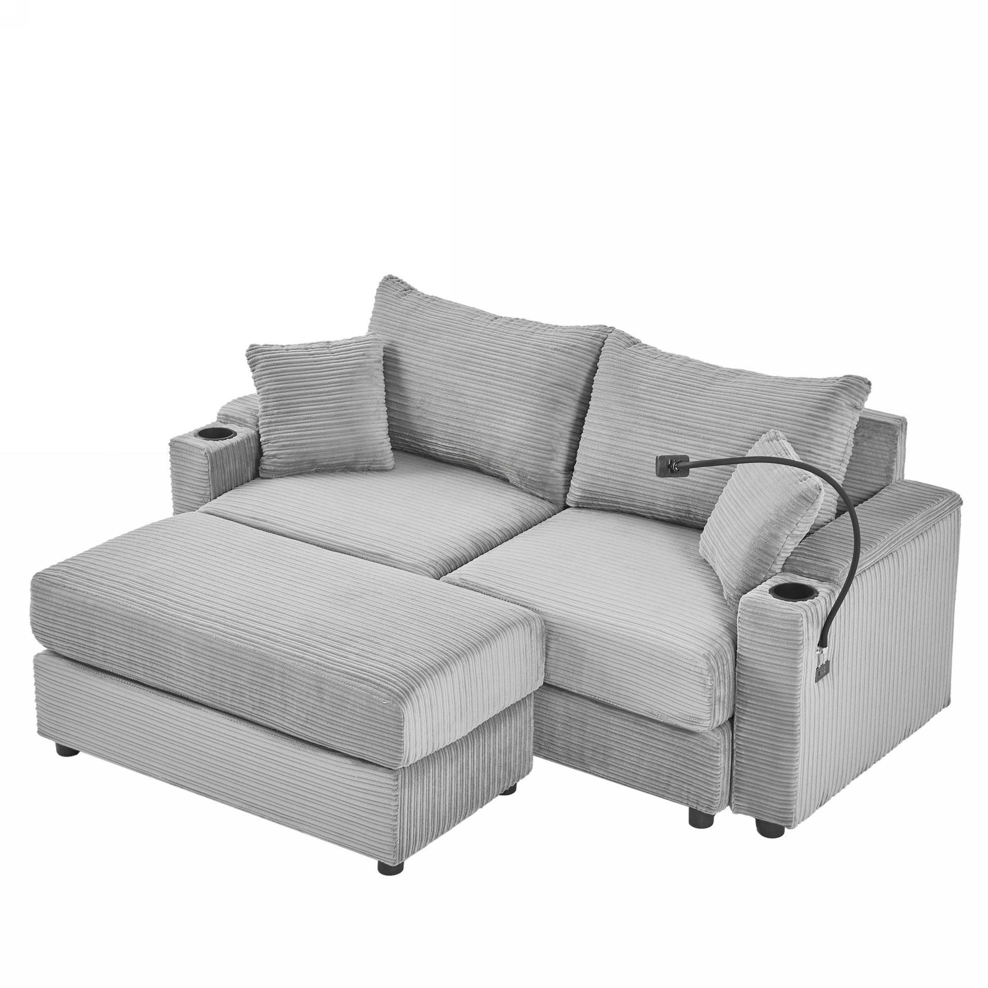 72.8" Modern Style Loveseat Sofa Sectional Sofa Couch With Storage Space, A Movable Ottoman, Two Usb Ports, Two Cup Holders, A Phone Holder For Living Room, Gray Gray Foam Corduroy 3 Seat