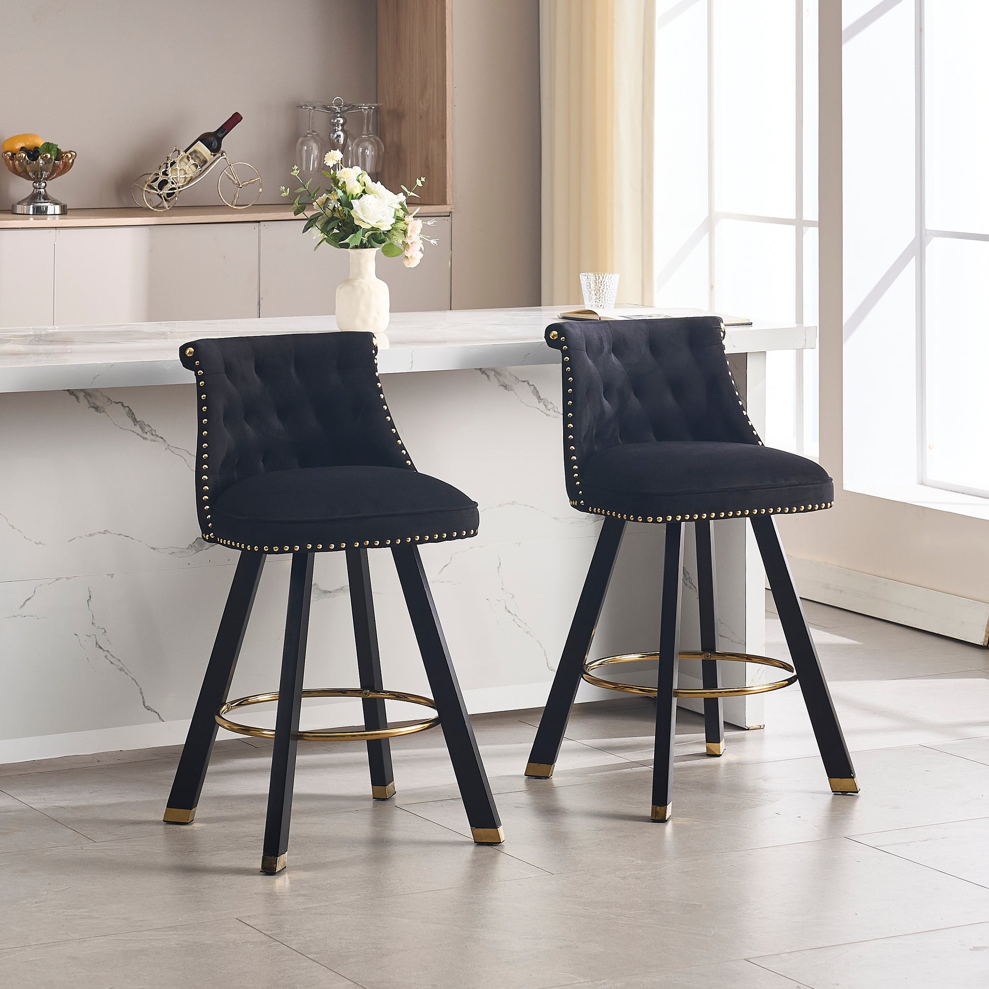 Coolmore Set Of 2,Back Pull Point Design, Velvet Material, 360 Degree Rotation, Back Pull Loop Detachable Design, Rivet Decoration, Square Foot Wooden Bar Chair Black Velvet