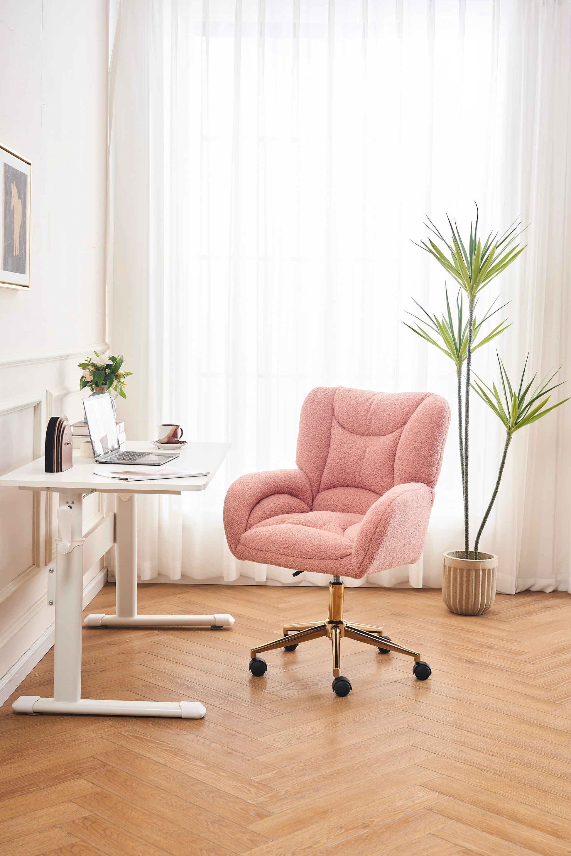 005 Teddy Fabric 360 Swivel Home Office Chair With Gold Metal Base And Universal Wheels,Pink Solid Pink Office Sponge Wipe Clean Modern Office Chairs Tufted Back Foam Swivel Teddy