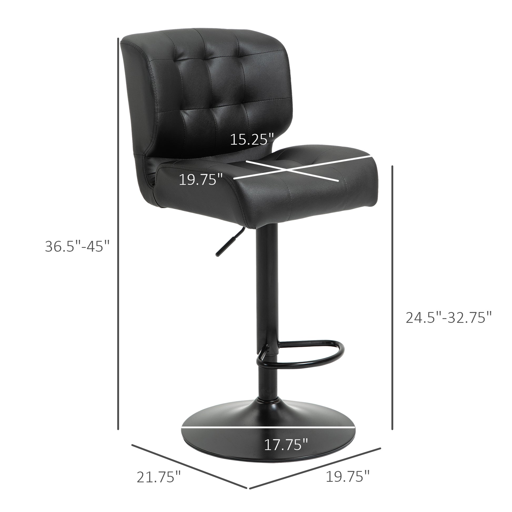 Homcom Bar Height Bar Stools Set Of 2 With Adjustable Seat, Thick Padded Cushion And Metal Footrest For Home Bar, Black Black Metal