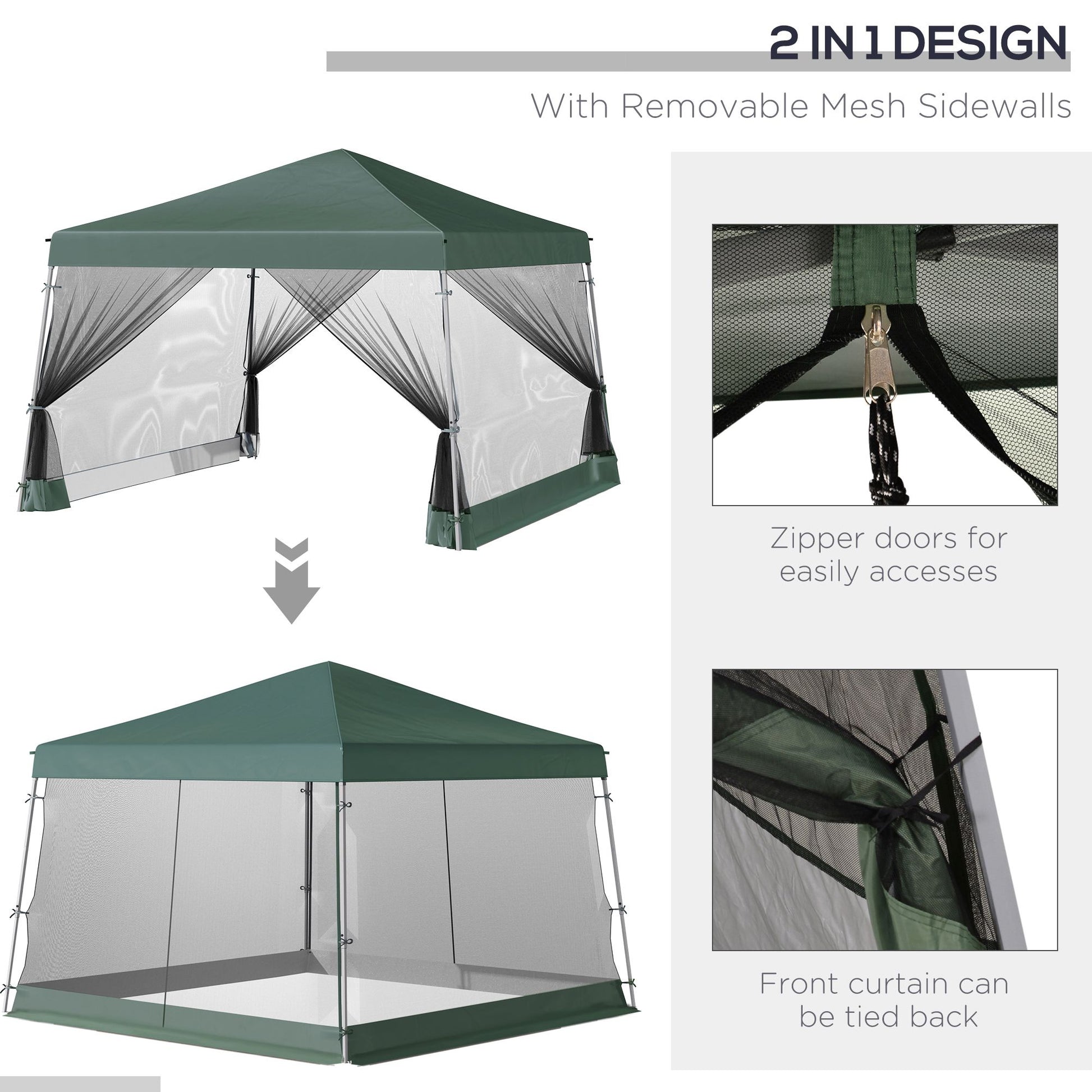 Outsunny Slant Leg Pop Up Canopy Tent With Netting And Carry Bag, Instant Sun Shelter, Tents For Parties, Height Adjustable, For Outdoor, Garden, Patio, 11.5'X11.5' Base 10'X10' Top , Green Green Steel