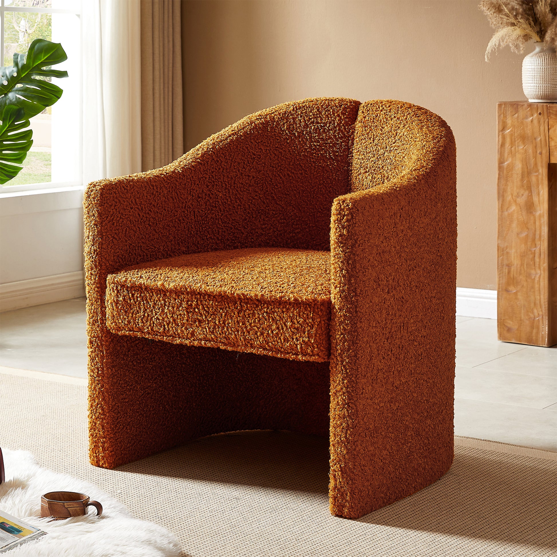 Mirod Stylish Curved Design, Comforting Embrace, Versatile Aesthetic, Dual Purpose Decorative Accent Chair, For Living Room,Bedroom And Study Caramel Boucle