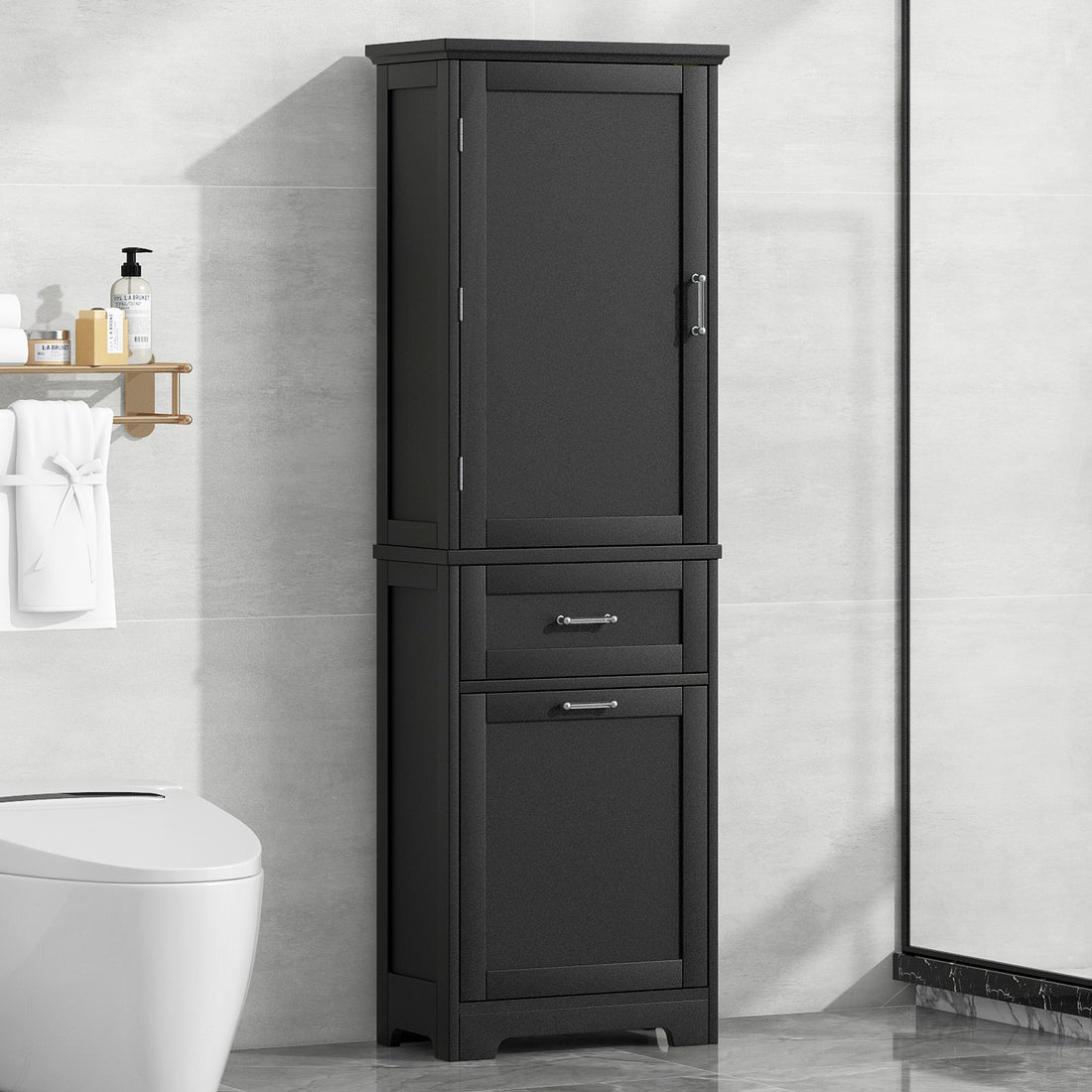 Tall Bathroom Storage Cabinet, Freestanding Storage Cabinet With Two Different Size Drawers And Adjustable Shelf, Mdf Board With Painted Finish, Black Black Mdf