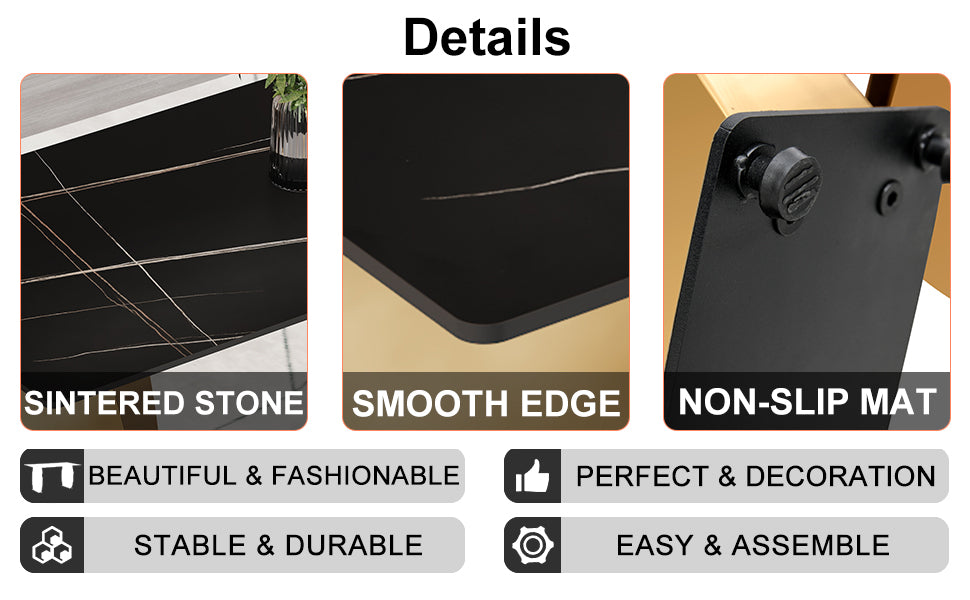 Modern Rectangular Table With 0.4 Inch Black Patterned Tabletop And Gold Legs, Suitable For Kitchen, Dining Room, And Living Room 63 Inches * 31.4 Inches * 30 Inches Gold Sintered Stone