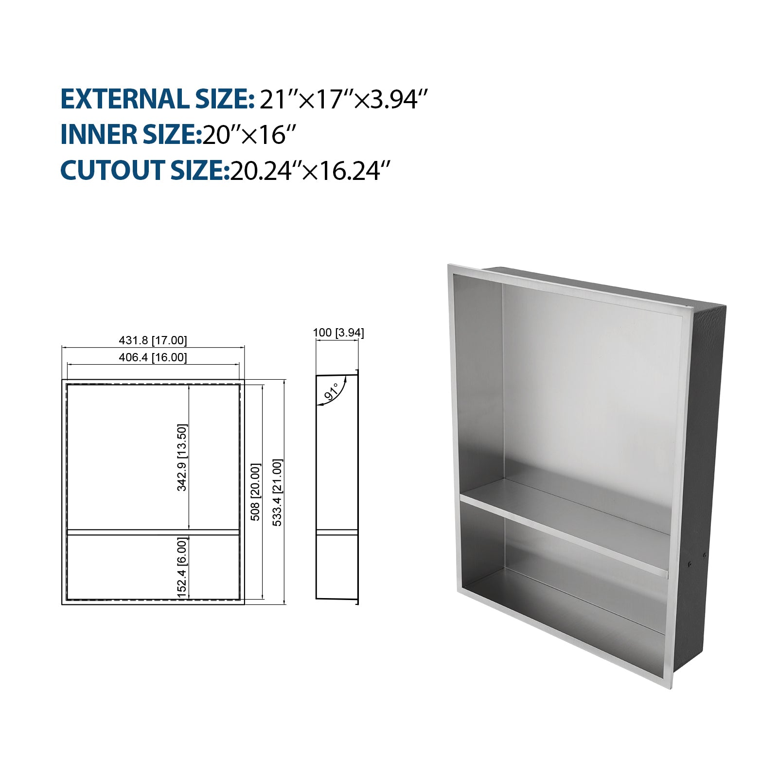 21" X 17" Stainless Steel Shower Niche Double Shelf, Brushed Nickel Brushed Nickel Stainless Steel