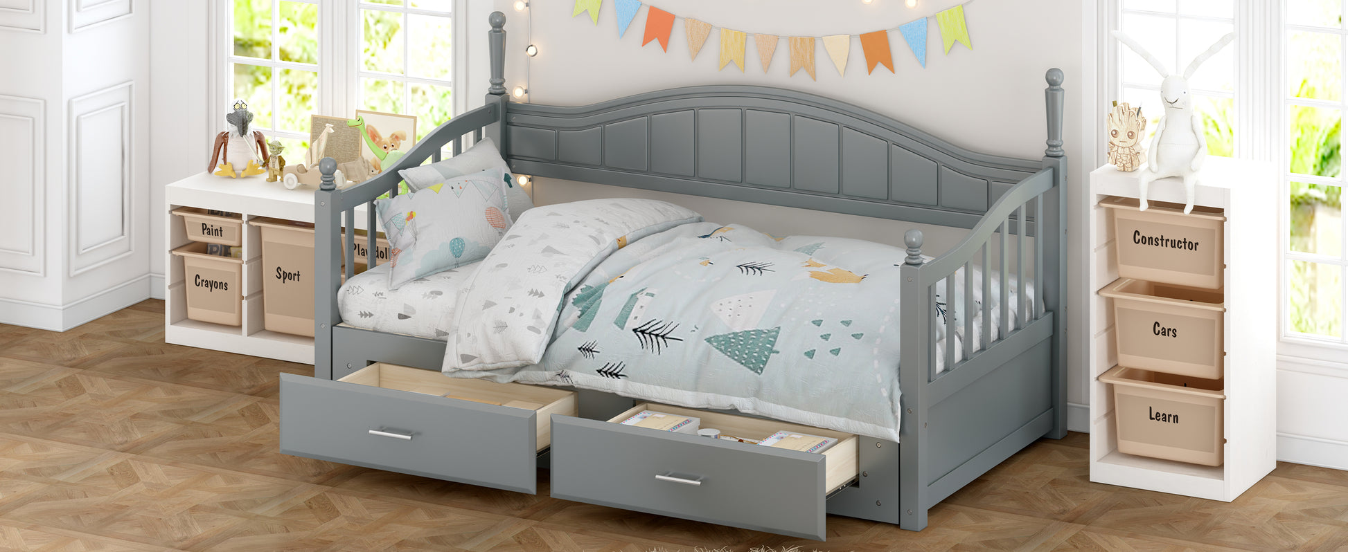 Wooden Twin Size Daybed With Twin Size Trundle, Extendable Daybed With Two Storage Drawers,Gray Expected Arrival Time:9.12 Twin Gray Wood