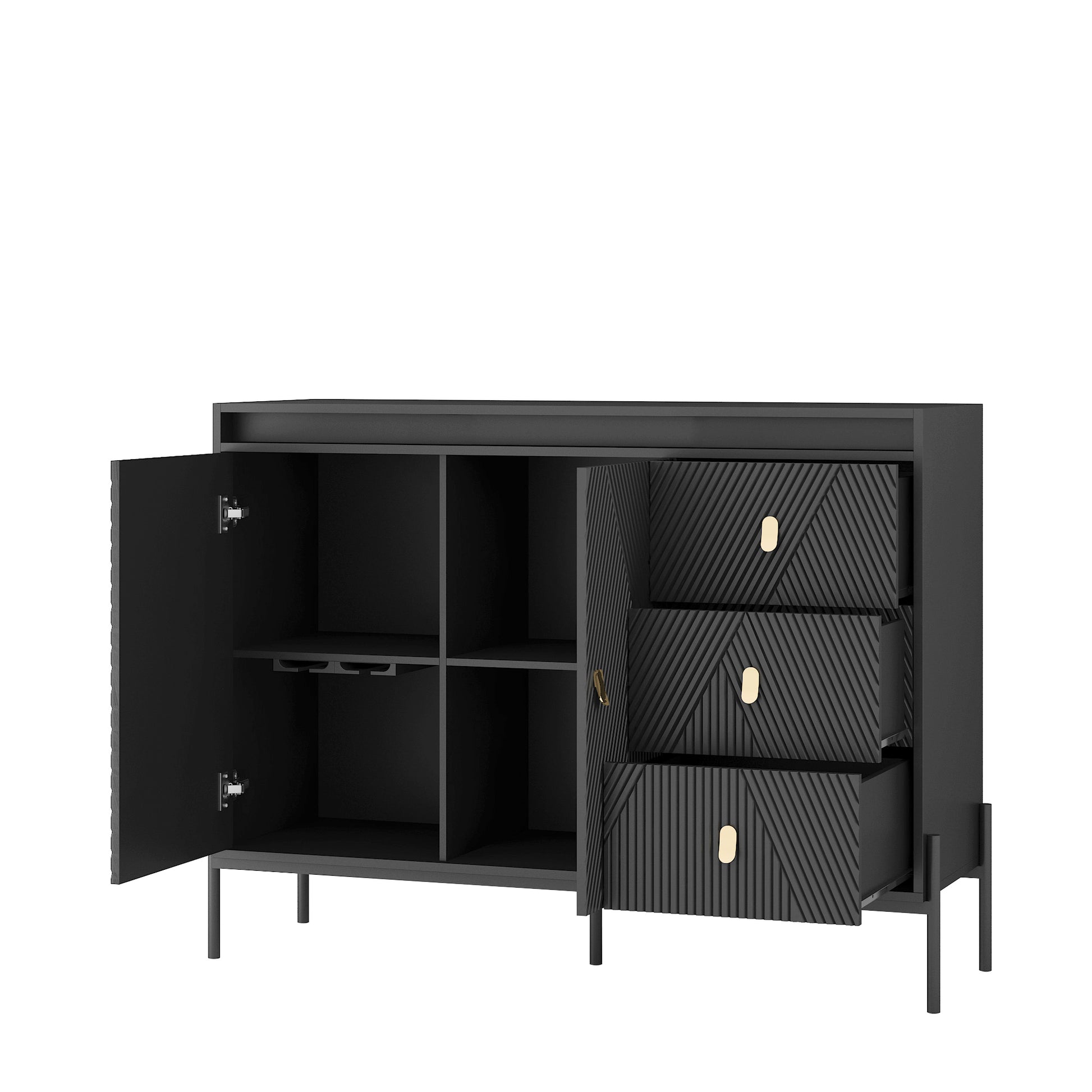 Buffets & Sideboards, Fluted Sideboard Cabinet, 2 Door 3 Drawer Design, With Led Lights,Acceent Black Sideboard Elegant Cabinet Ideal For Dining Room And Kitchen Storage,Black Black Mdf
