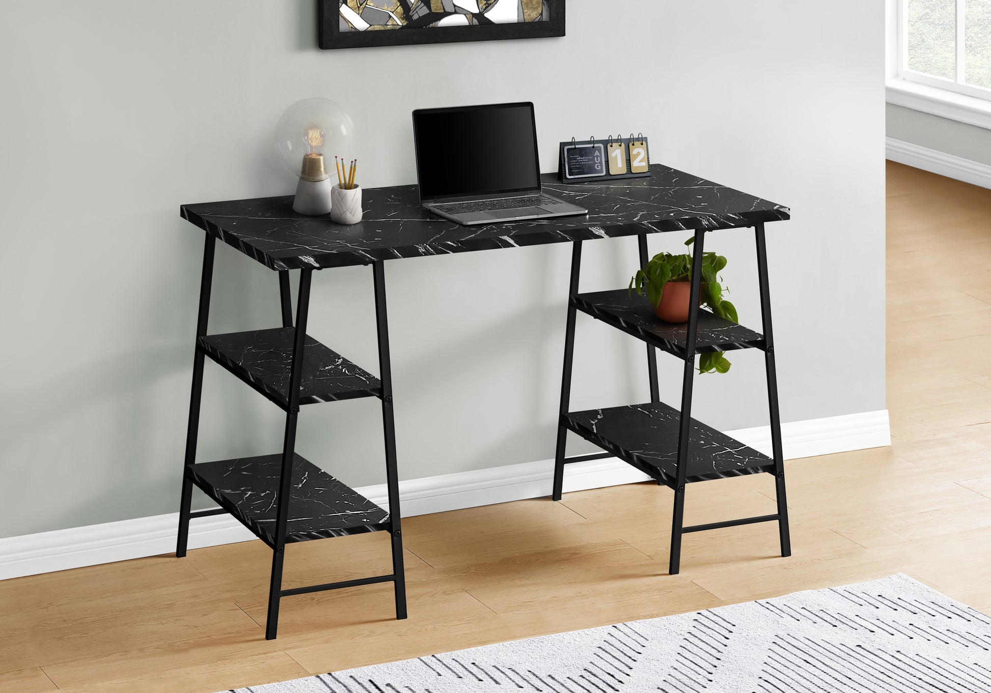 Computer Desk, Home Office, Laptop, Storage Shelves, 48"L, Work, Black Marble Look Laminate, Black Metal, Contemporary, Modern Black Metal