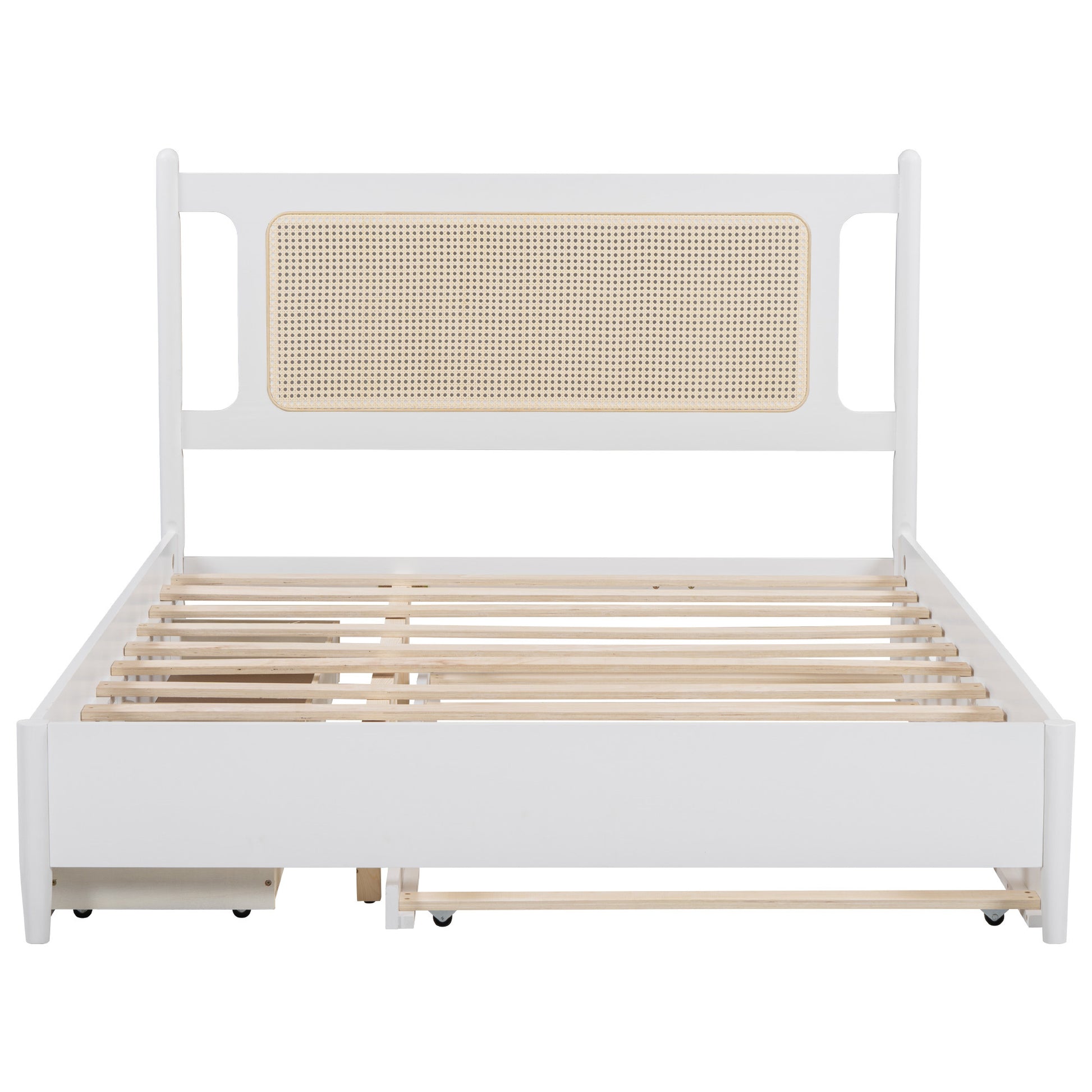 Queen Size Wooden Rattan Platform Bed, With 2 Big Drawers, T Size Trundle, White Queen White Plywood