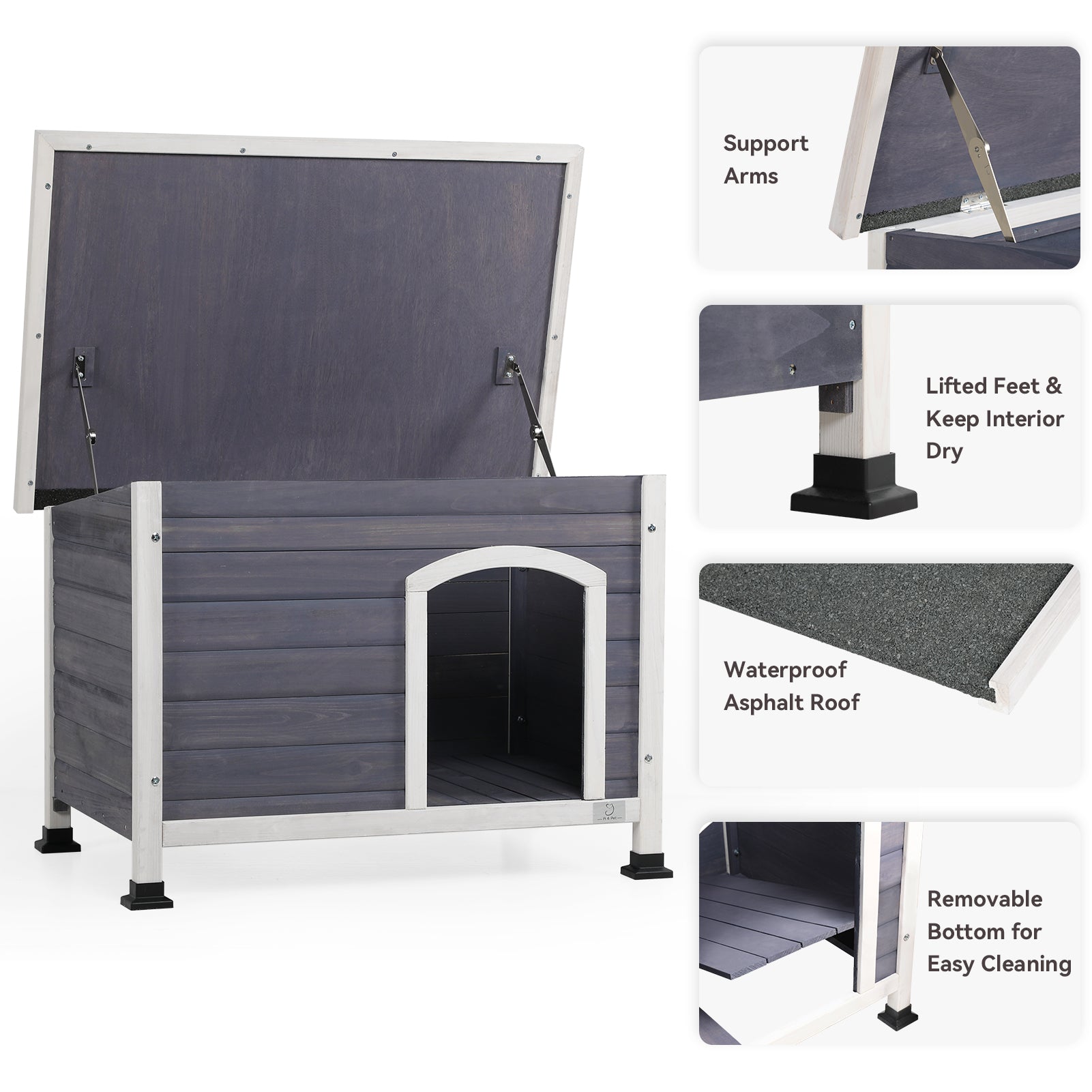 Small Wooden Outdoor Dog House, Waterproof Roof, Elevated Floor, Grey Grey Solid Wood