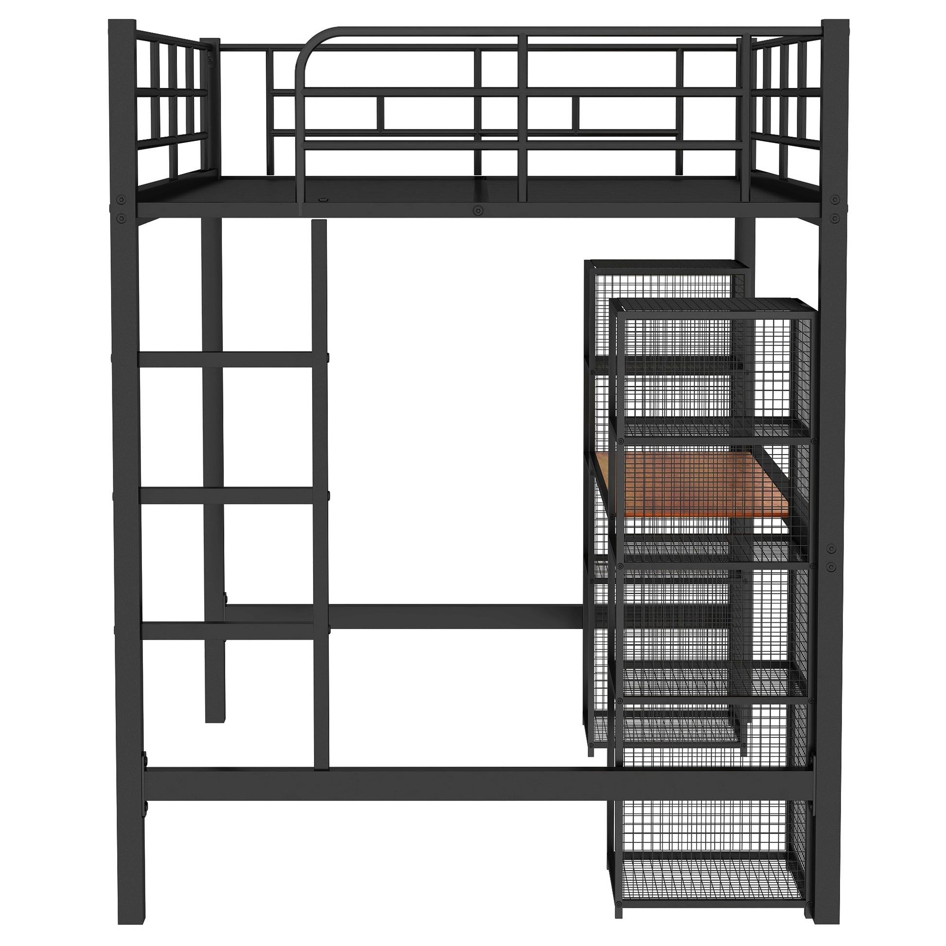 Full Size Metal Loft Bed With Built In Desk And Shelves, Black Brown Box Spring Not Required Full Black Brown Metal Bedroom Mdf Metal
