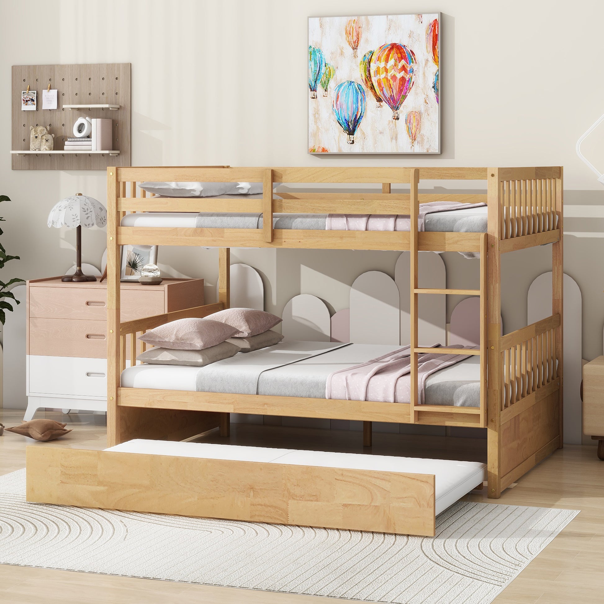 Full Over Full Rubber Wood Bunk Bed With Trundle, Ladder And Guardrails, Convertible To 2 Full Size Beds, With Twin Size Trundle,White Oak Full White Oak Bedroom American Design Bed Frame Rubber