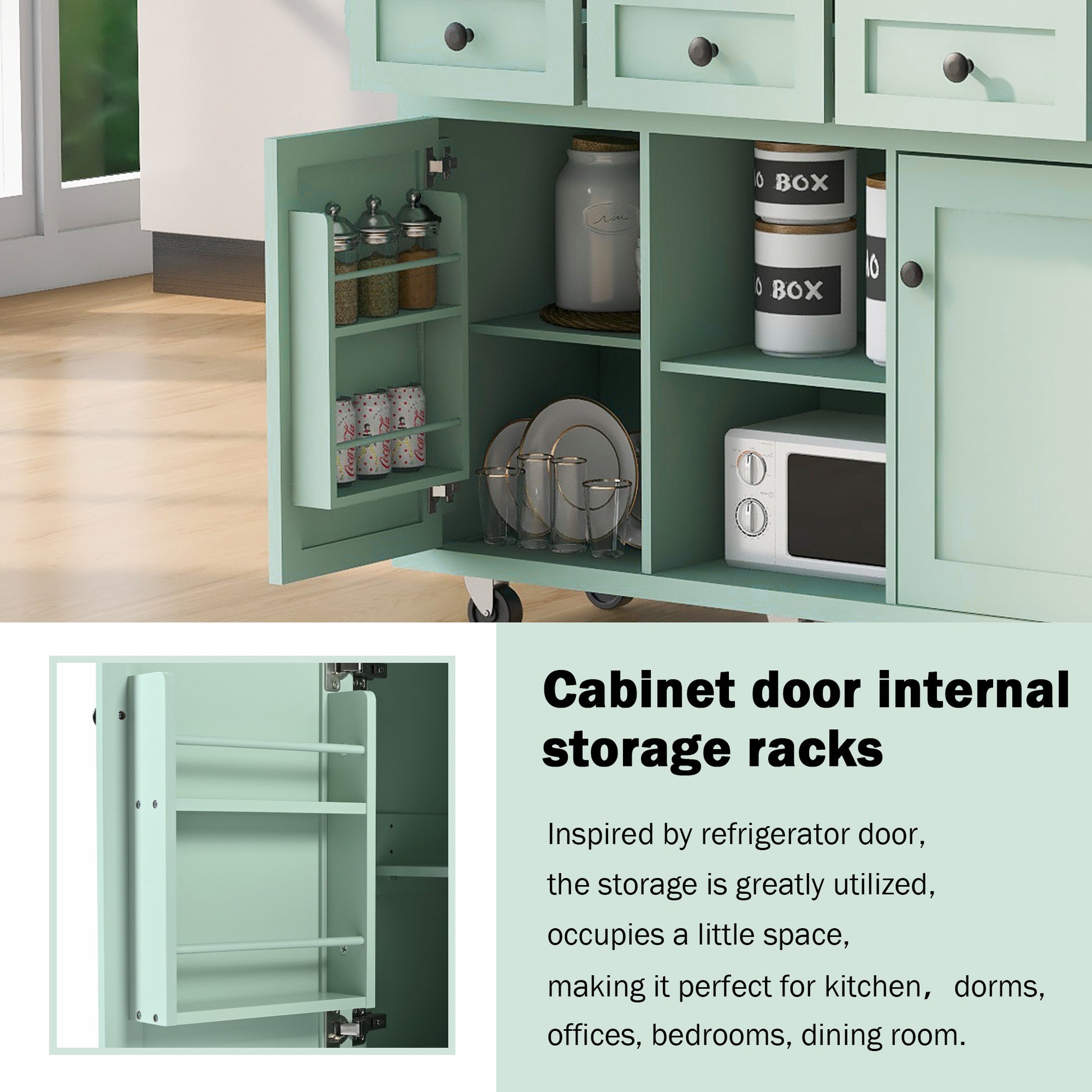 Kitchen Cart With Rubber Wood Drop Leaf Countertop ,Cabinet Door Internal Storage Racks,Kitchen Island On 5 Wheels With Storage Cabinet And 3 Drawers For Dinning Room, Mint Green Mint Green Kitchen American Design,American Traditional,Antique Rectangular