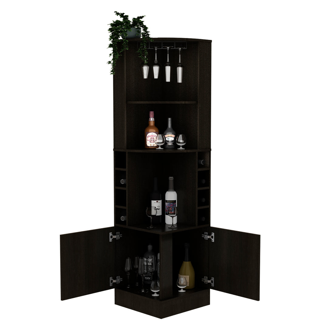 71" H Black Corner Bar Cabinet, With Two Shelves