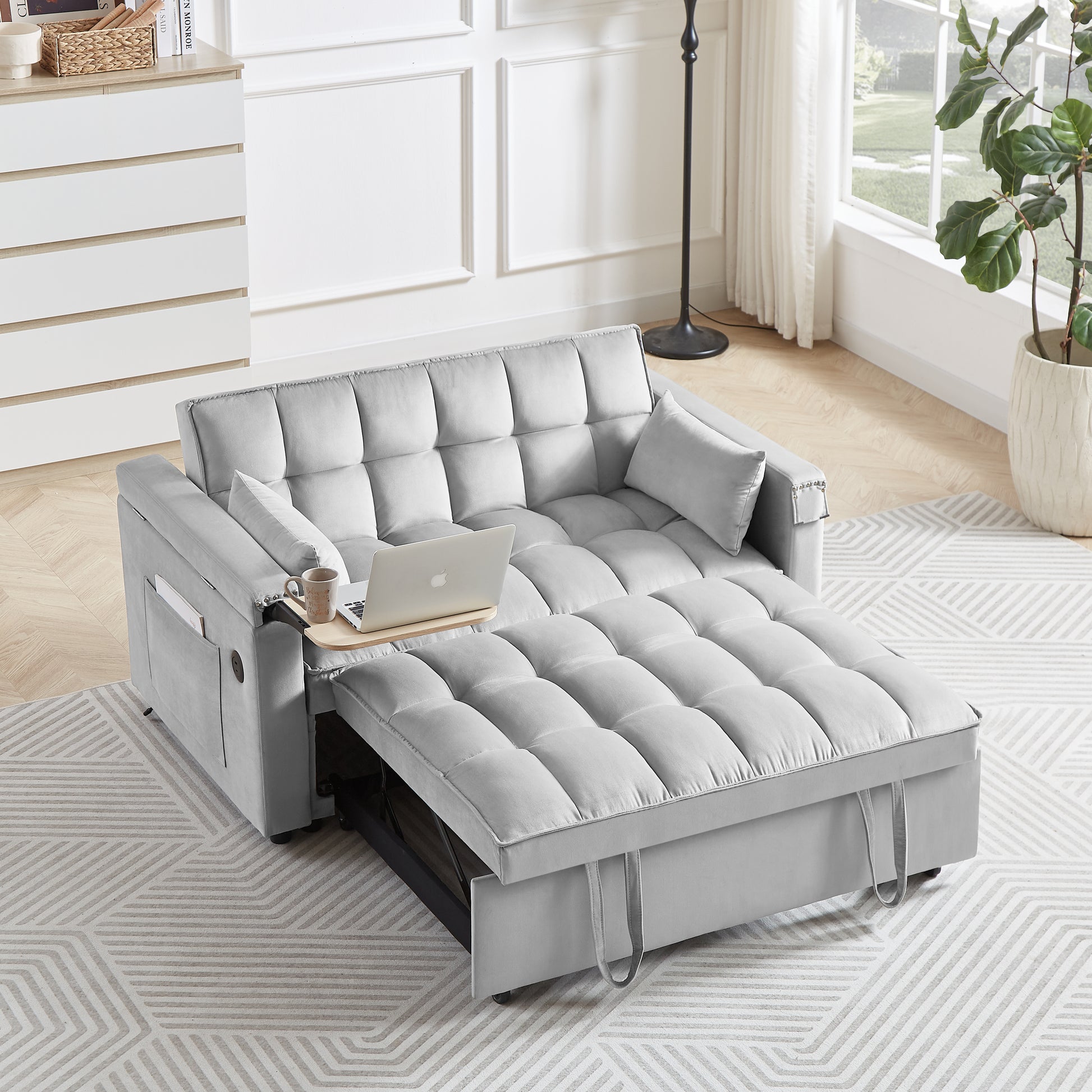 Convertible Sofa Bed, 3 In 1 Multi Functional Velvet Sleeper Couch Pull Out Bed, 48'' Loveseat Chaise Lounge With Adjustable Backrest And Pillows, Hidden Side Table For Living Room, Small Space, Grey Grey Velvet 2 Seat